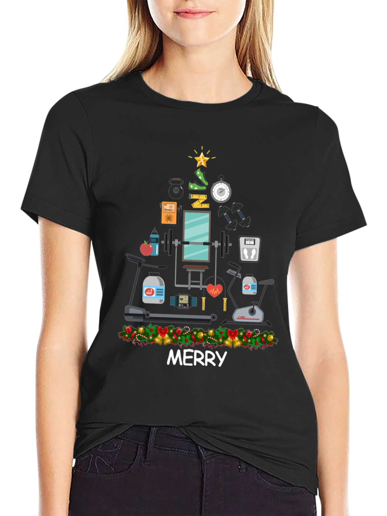 Merry Fitness Christmas Tree Graphic T-Shirt