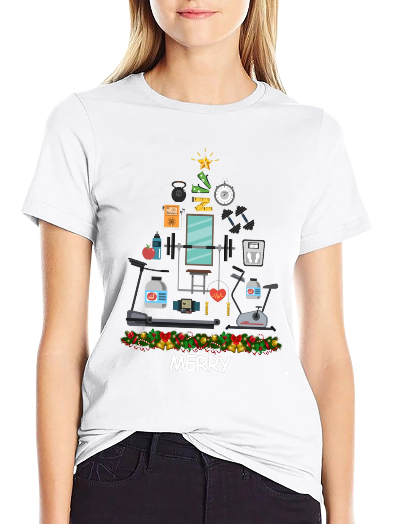 Merry Fitness Christmas Tree Graphic T-Shirt