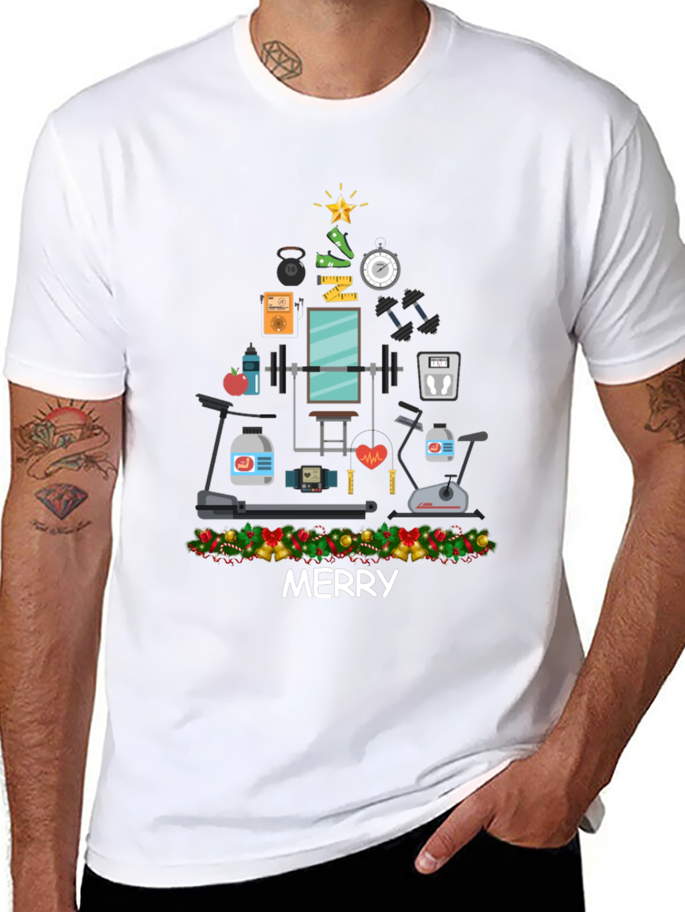 Merry Fitness Christmas Tree Graphic T-Shirt