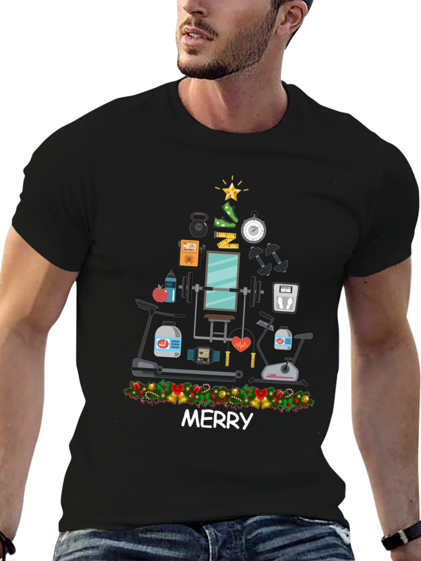 Merry Fitness Christmas Tree Graphic T-Shirt