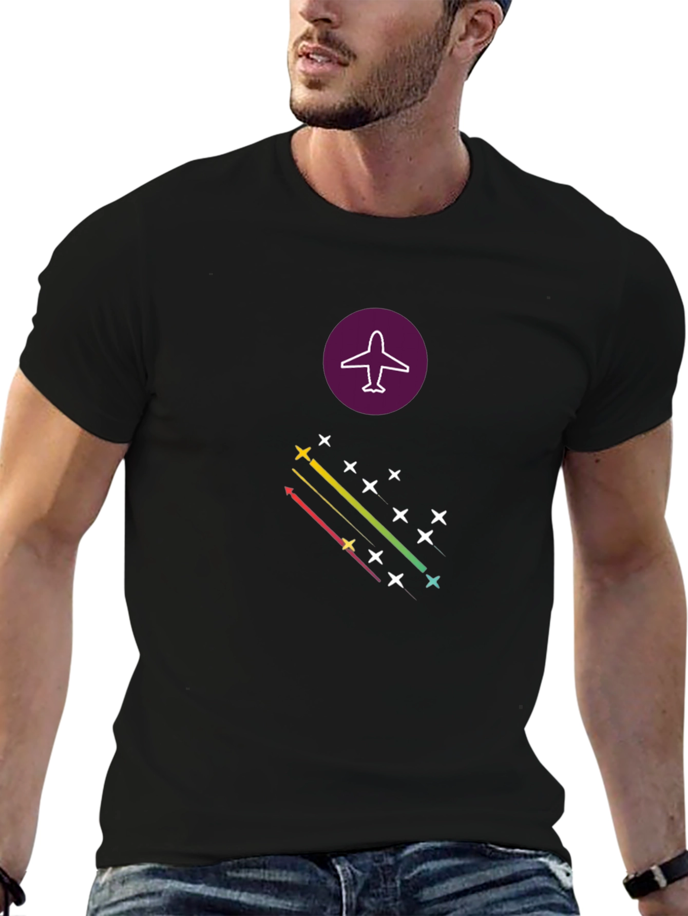 Airplane Stars Graphic Tee - Stylish Black T-Shirt