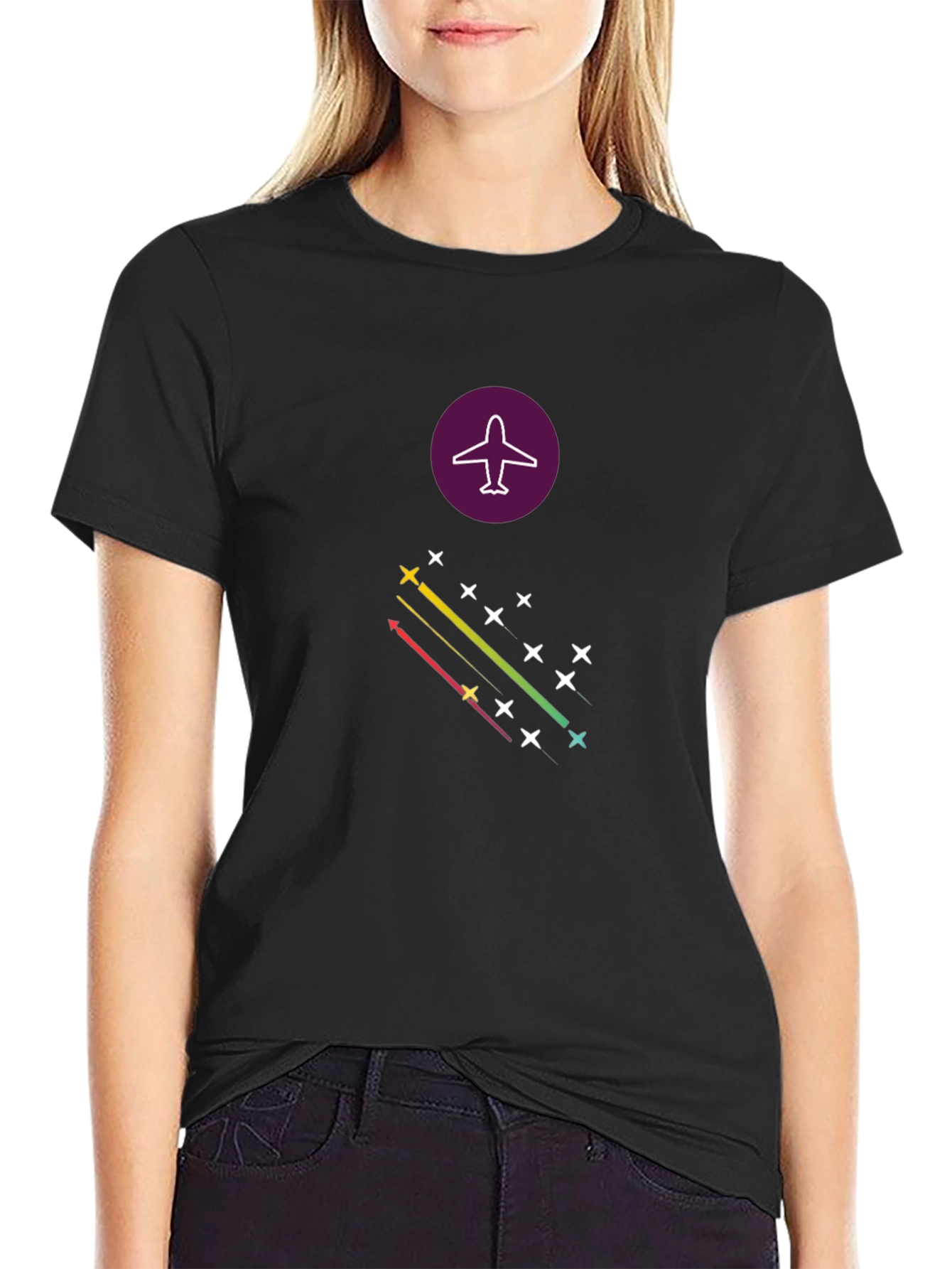 Airplane Stars Graphic Tee - Stylish Black T-Shirt