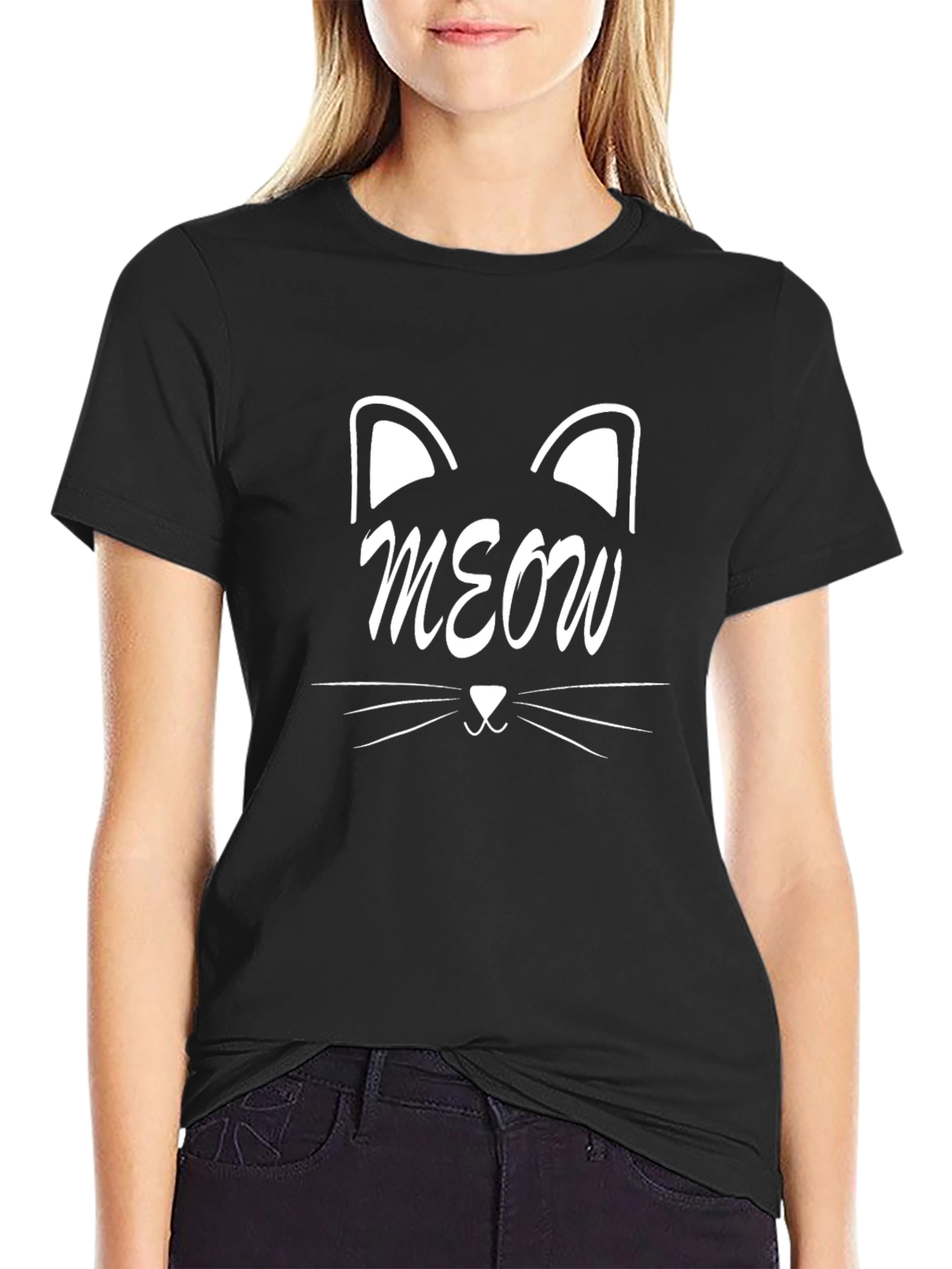 Meow Cat Face Graphic Tee - Black