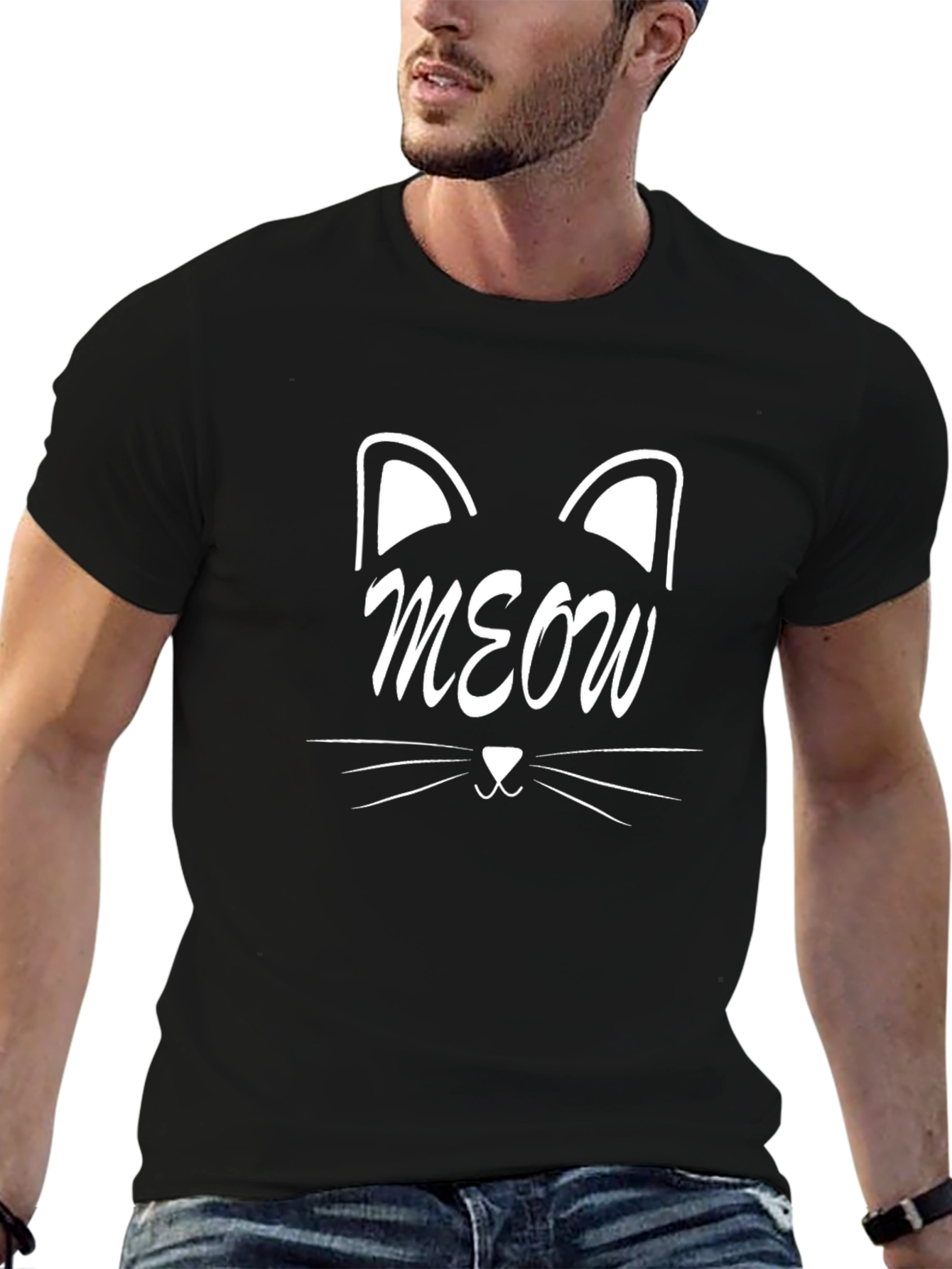 Meow Cat Face Graphic Tee - Black