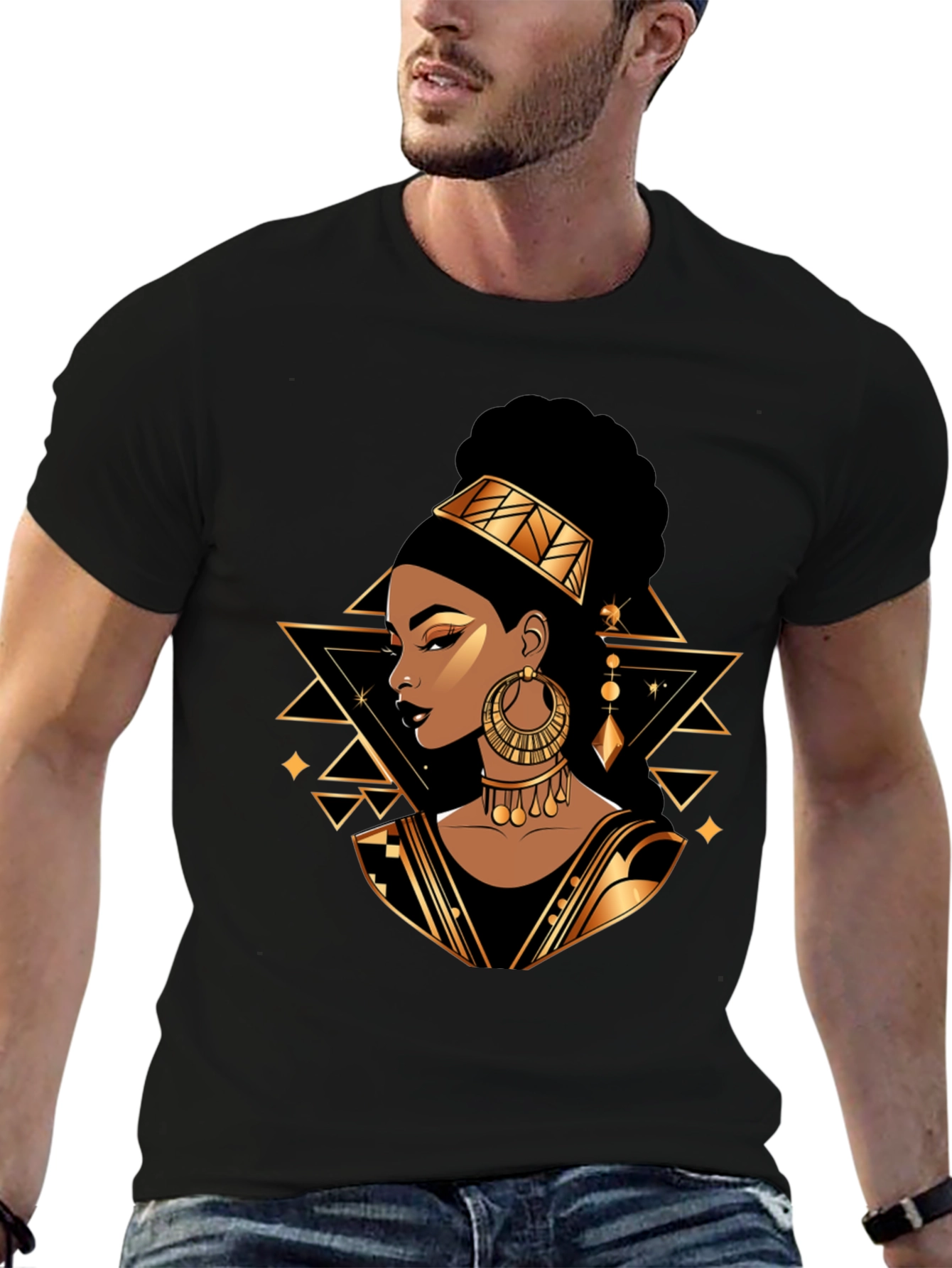 Black Tee with Elegant African Queen Graphic