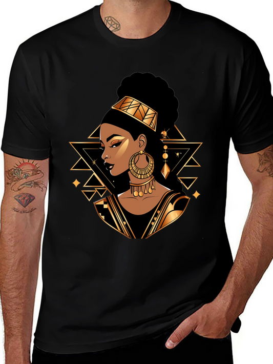Black Tee with Elegant African Queen Graphic
