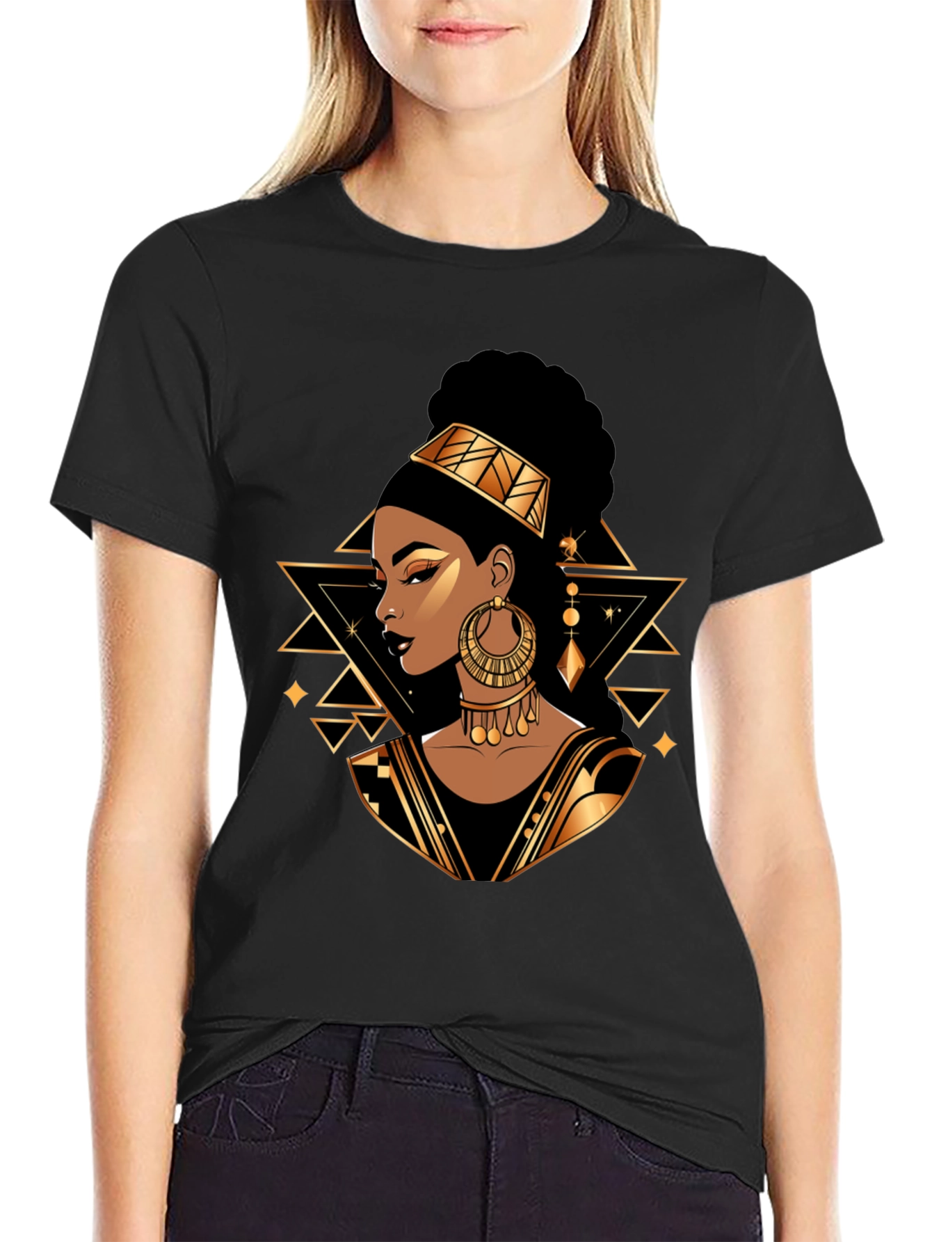 Black Tee with Elegant African Queen Graphic