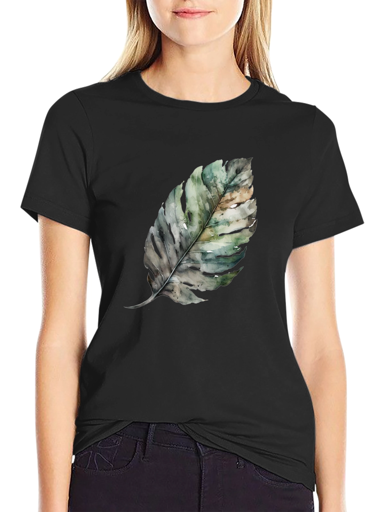 Leaf Print Black T-Shirt - Nature Inspired Fashion