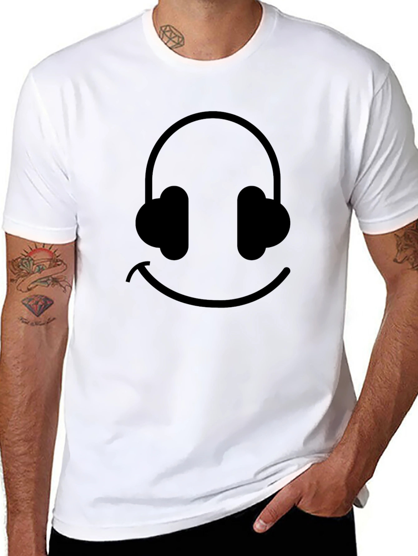 Smiley Face Headphones Black Graphic Tee
