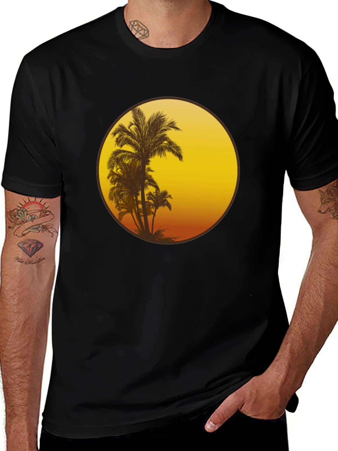 Sunset Palm Tree Graphic Tee - Black