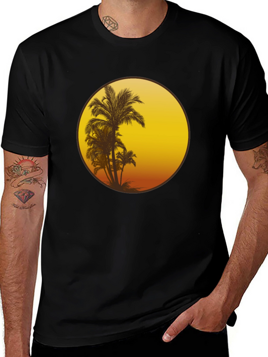Sunset Palm Tree Graphic Tee - Black