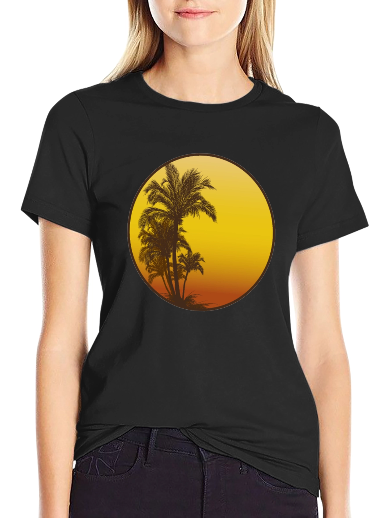 Sunset Palm Tree Graphic Tee - Black