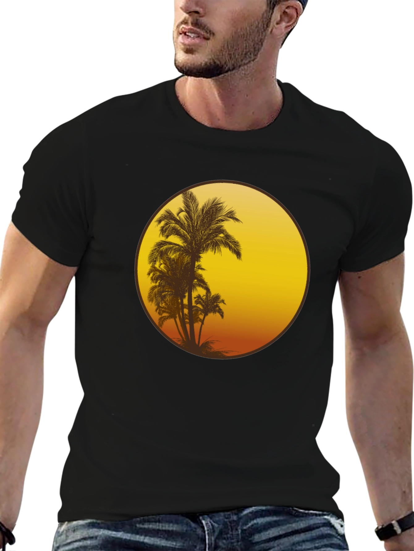 Sunset Palm Tree Graphic Tee - Black