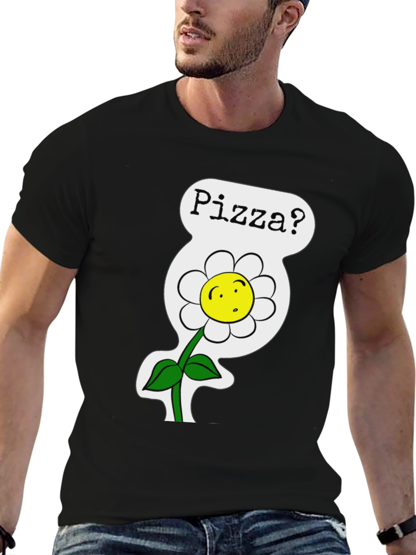 Pizza Flower Graphic Tee - Black Cotton Shirt