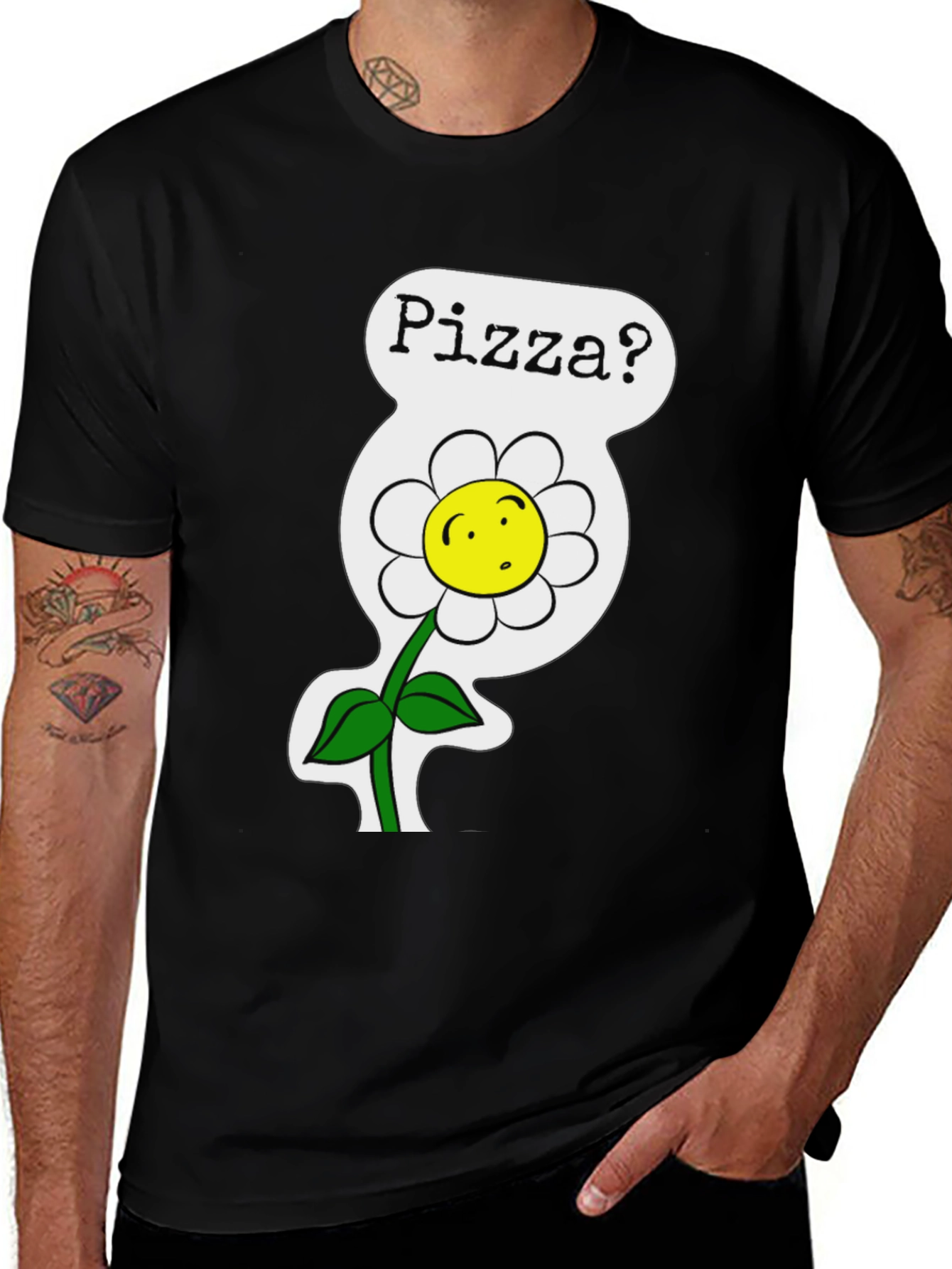 Pizza Flower Graphic Tee - Black Cotton Shirt