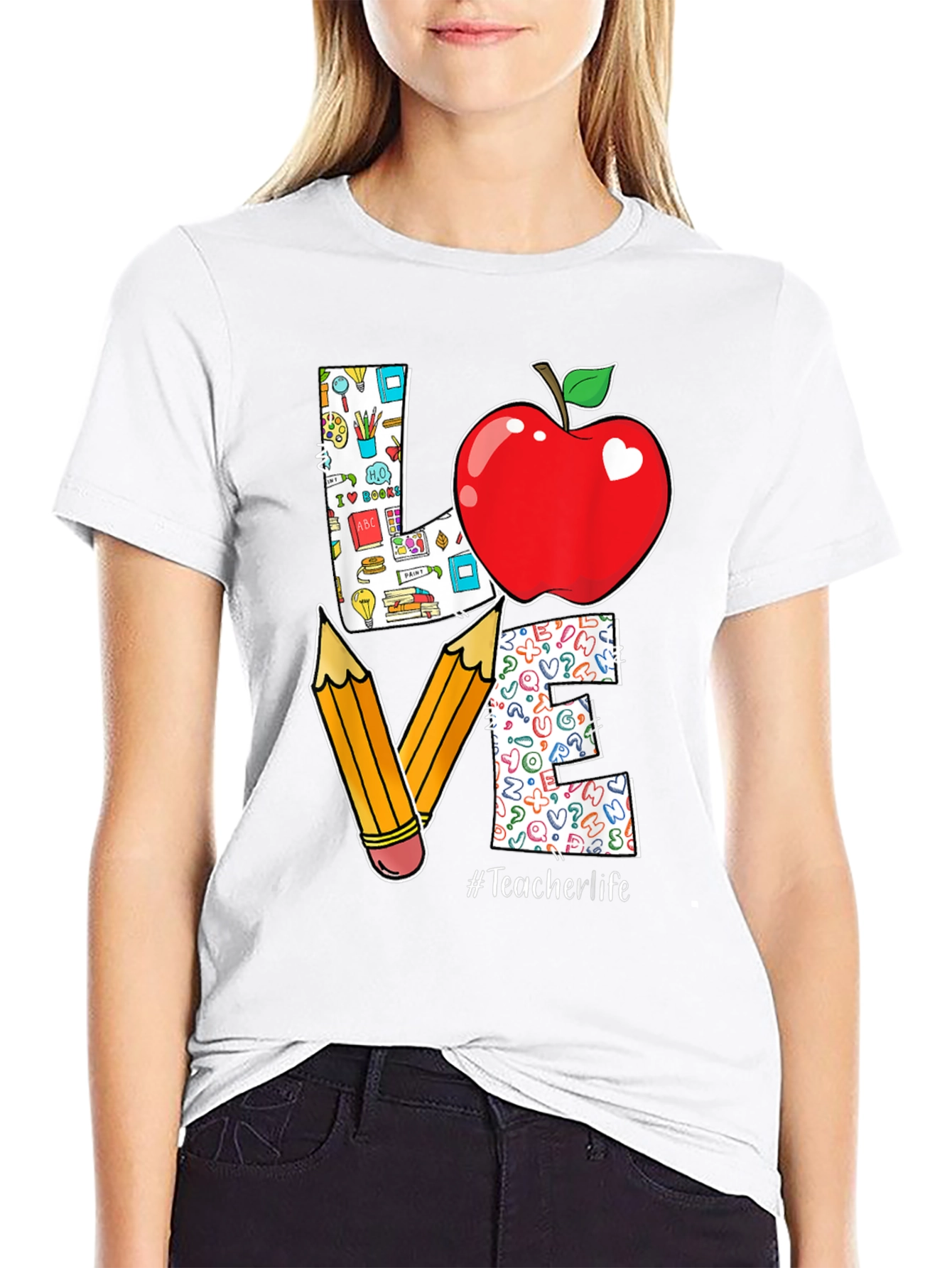 Teacher Life Love T-Shirt Apple Pencil Design