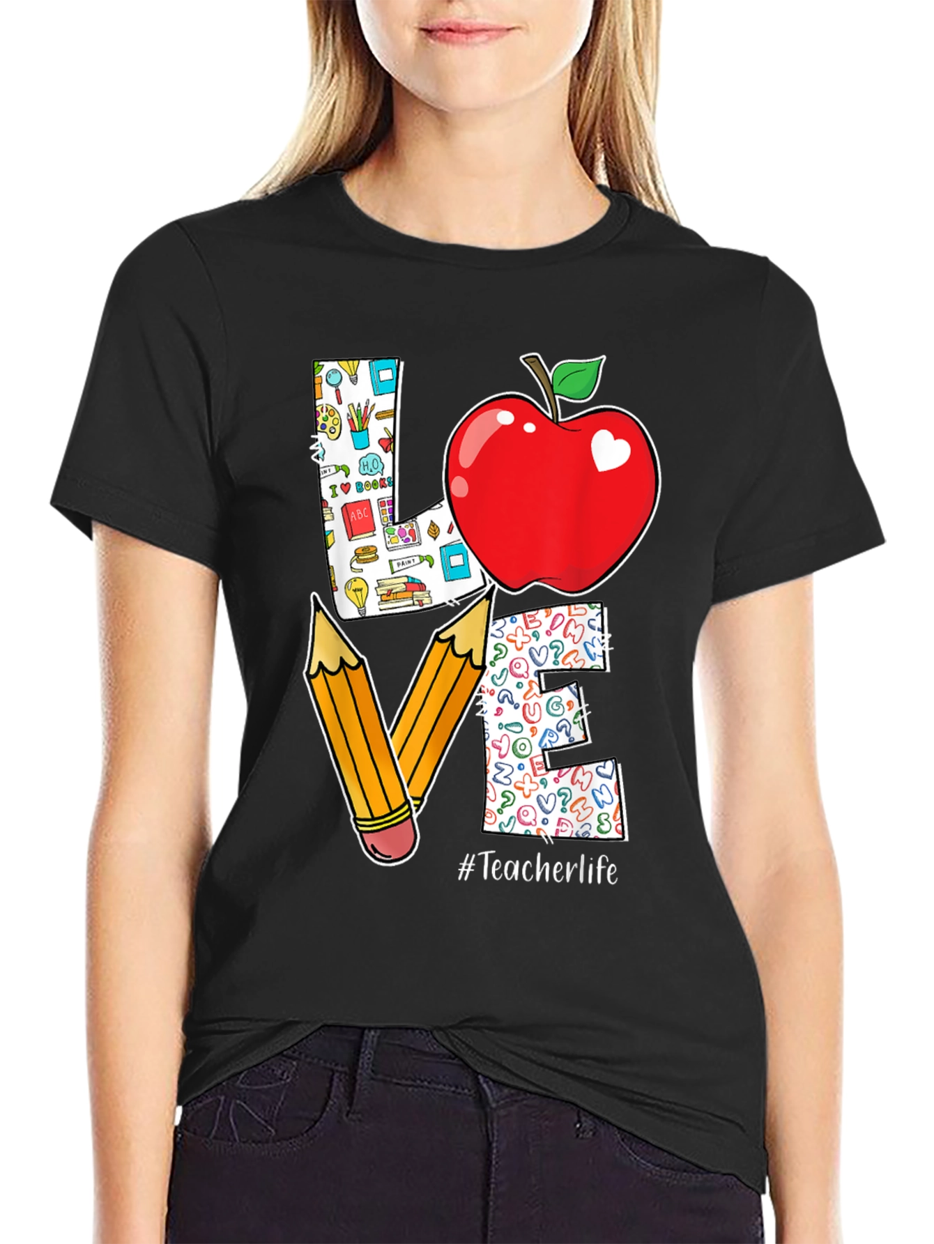 Teacher Life Love T-Shirt Apple Pencil Design