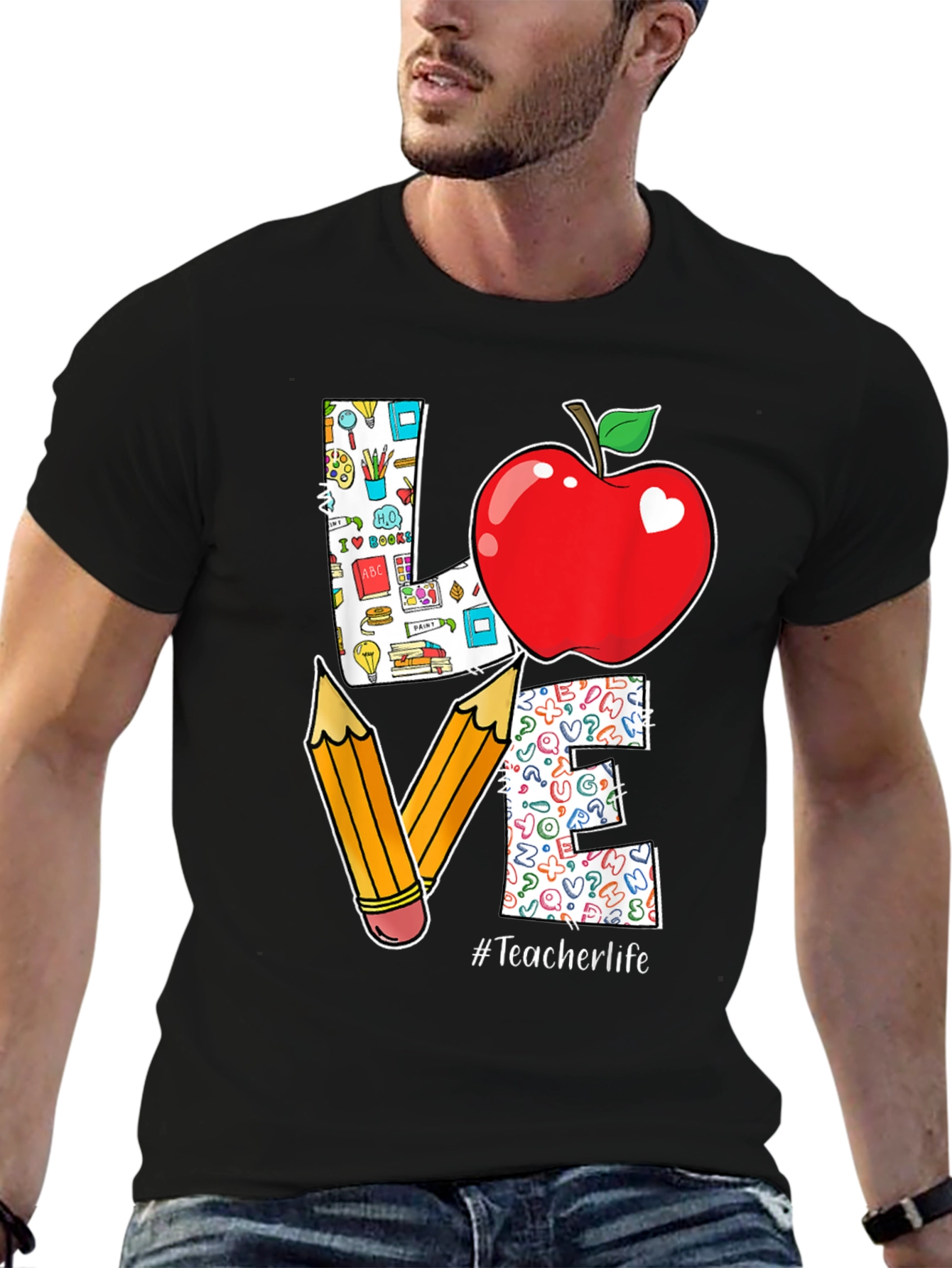 Teacher Life Love T-Shirt Apple Pencil Design