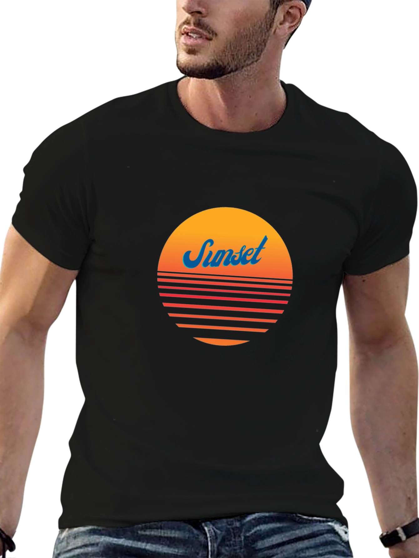 Retro Sunset Graphic Tee - Black Cotton Blend