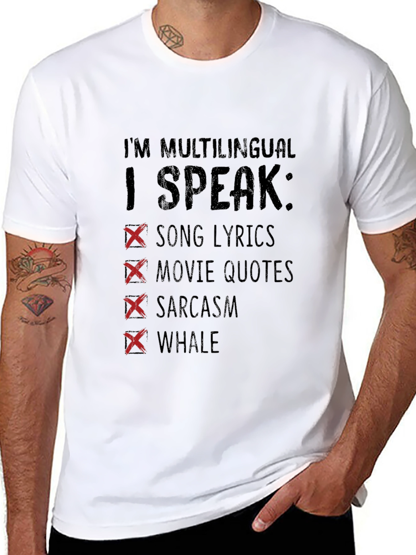 Multilingual T-Shirt: Song Lyrics Movie Quotes Sarcasm Whale