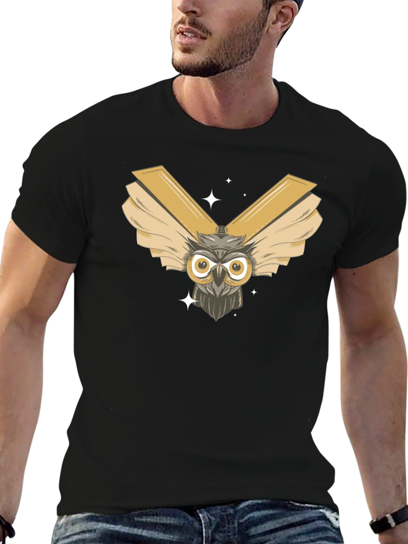 Owl Wings Graphic Tee - Mens Black Cotton T-Shirt