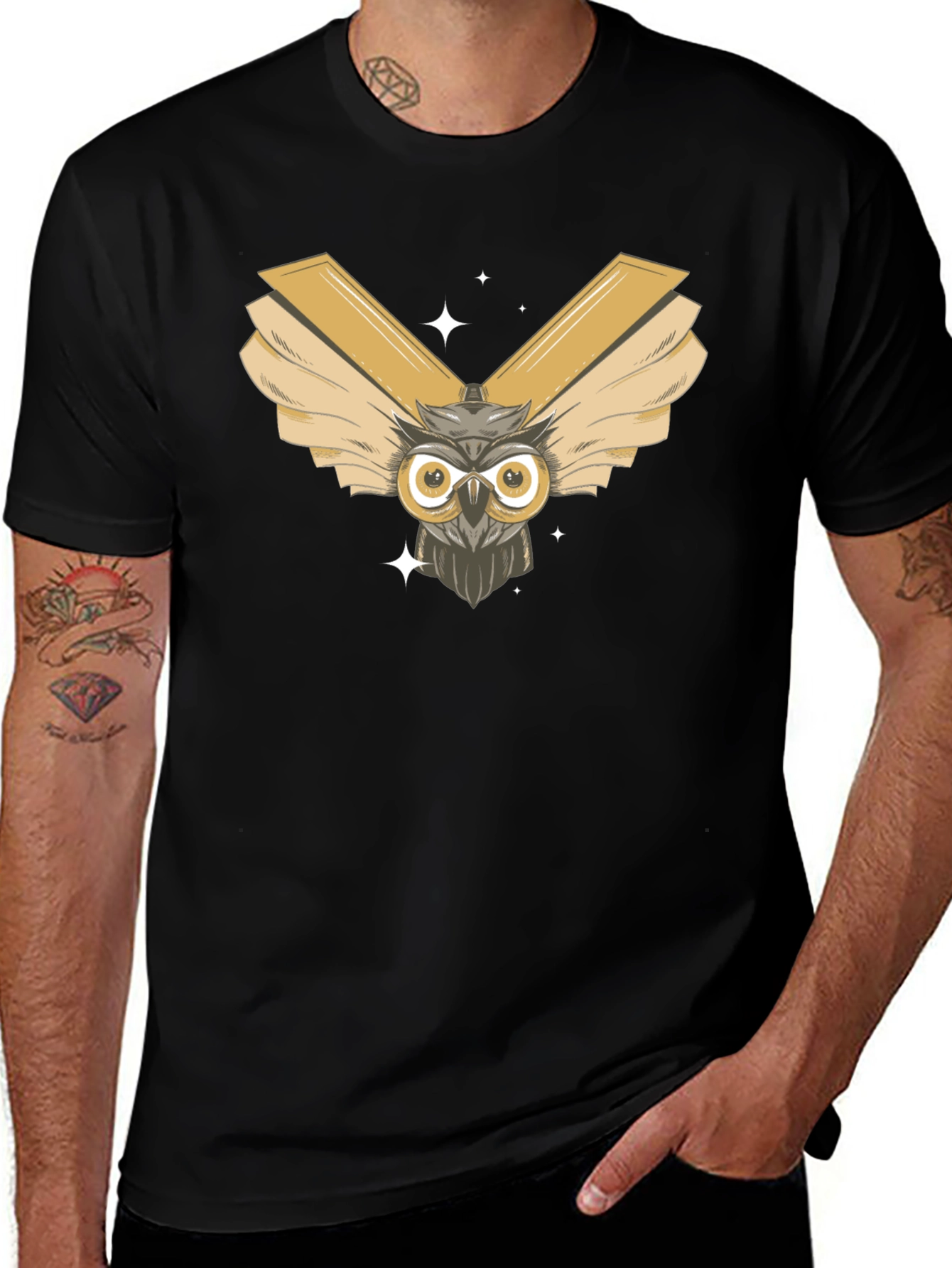 Owl Wings Graphic Tee - Mens Black Cotton T-Shirt