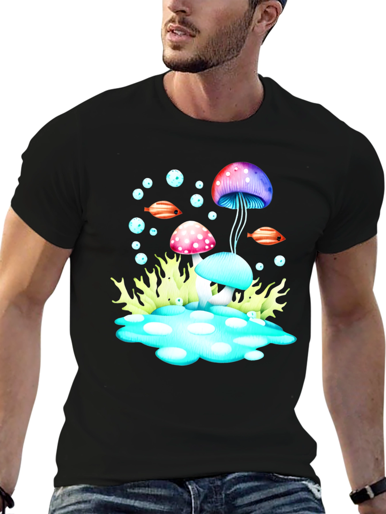 Psychedelic Mushroom Graphic Tee - Black Cotton T-Shirt