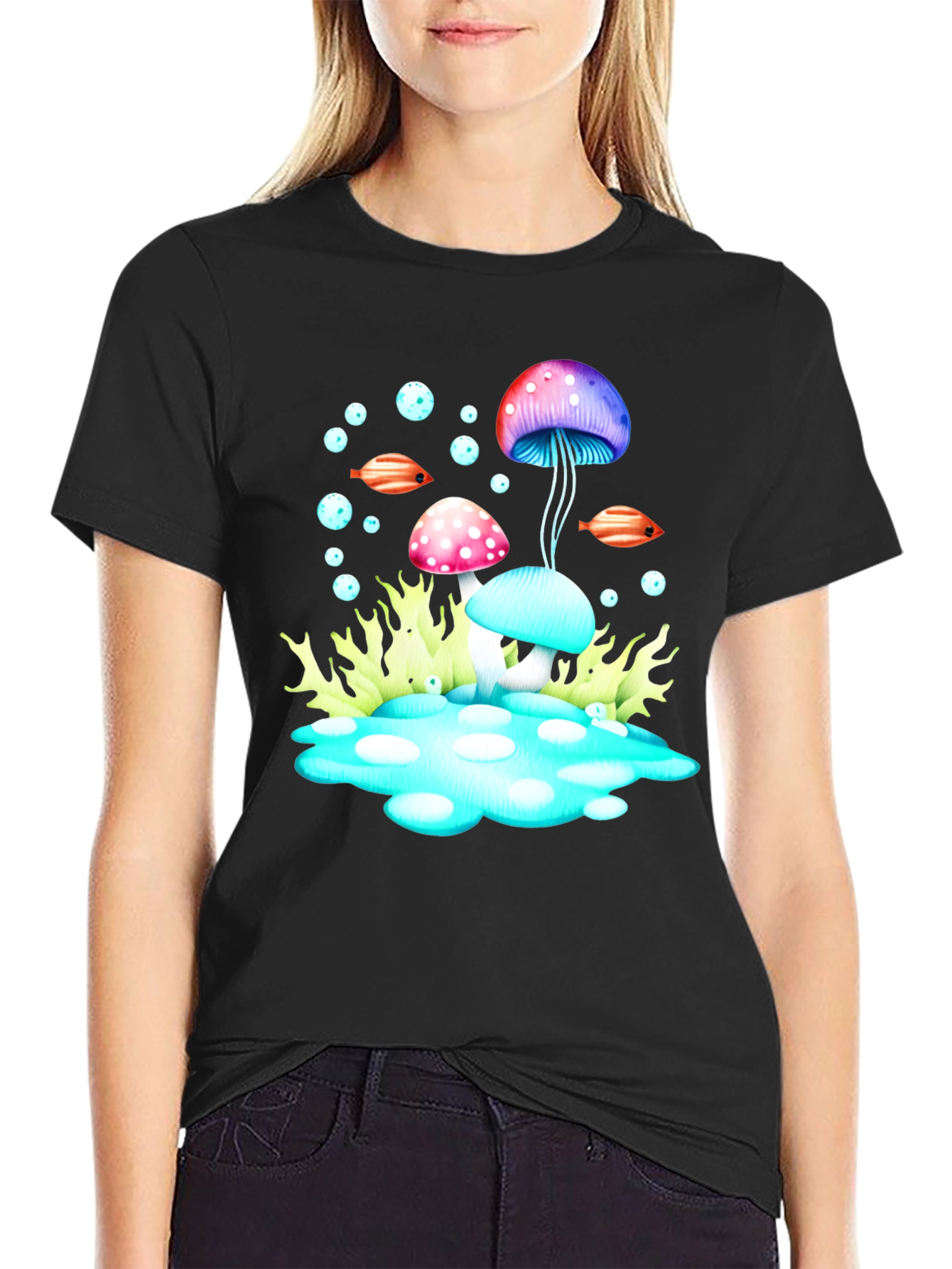 Psychedelic Mushroom Graphic Tee - Black Cotton T-Shirt