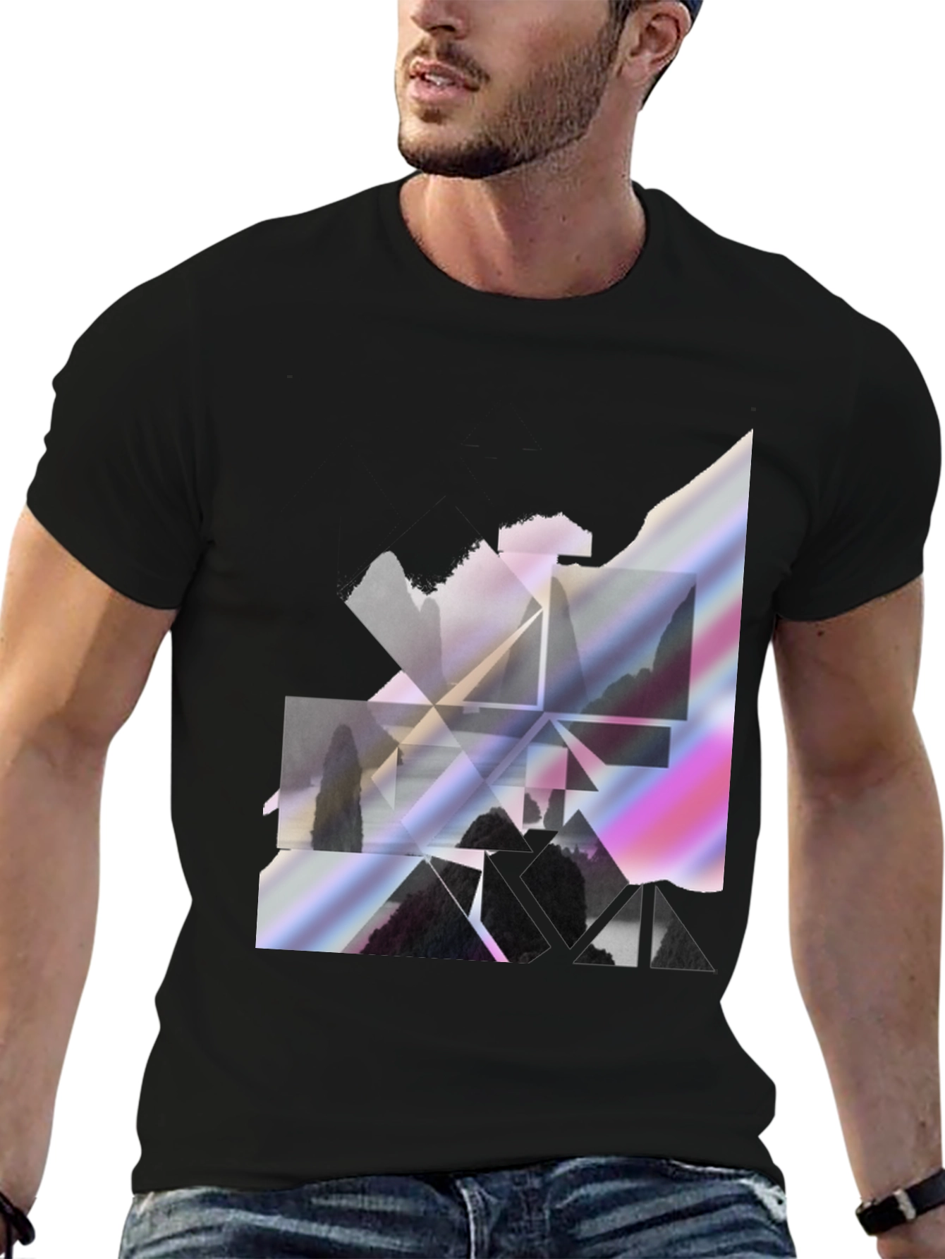 Geometric Landscape Graphic Tee - Stylish Black Shirt