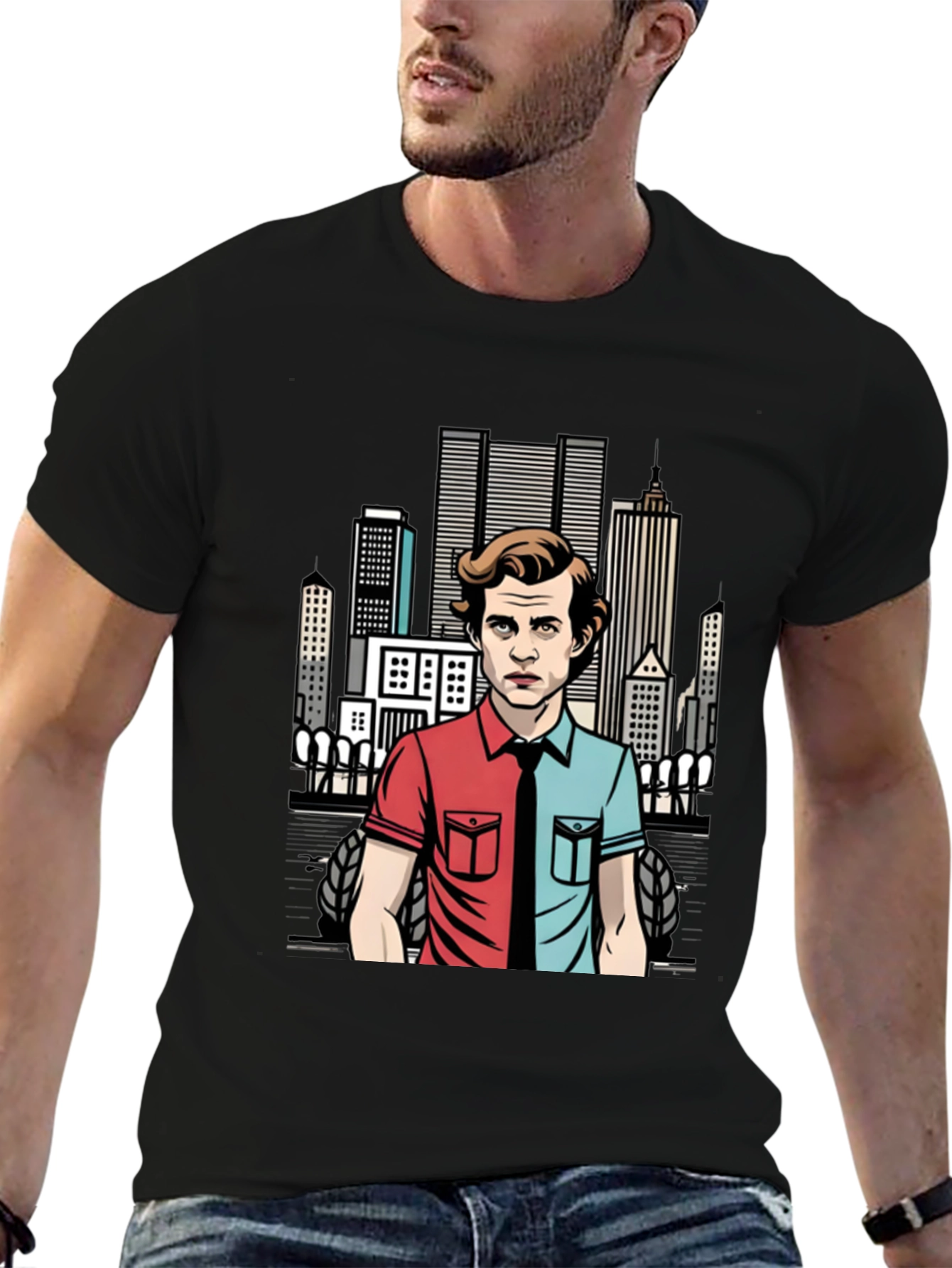 Mens Black T-Shirt - Two-Faced Character Design