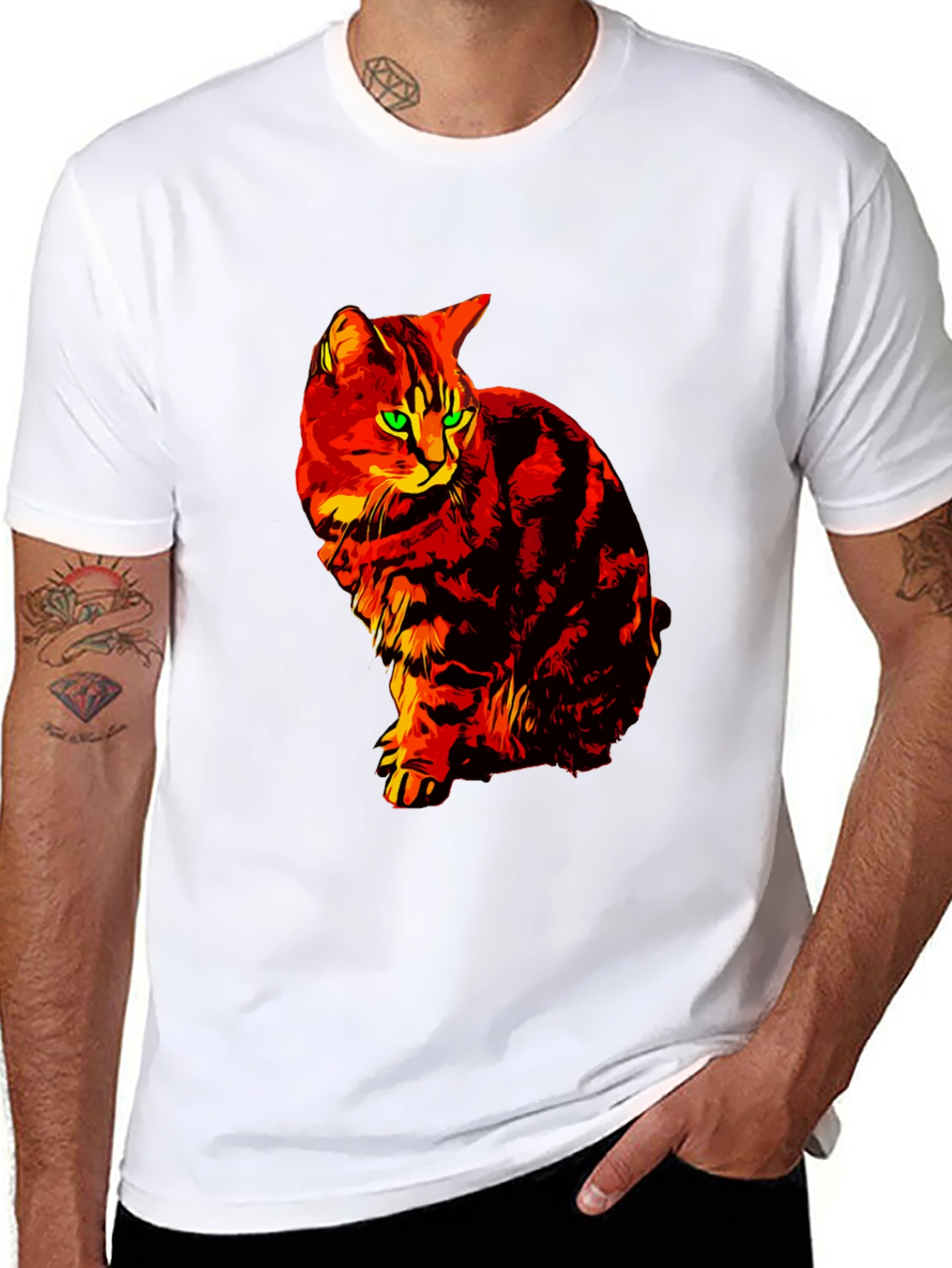 Fiery Cat Graphic Tee - Black Cotton T-Shirt