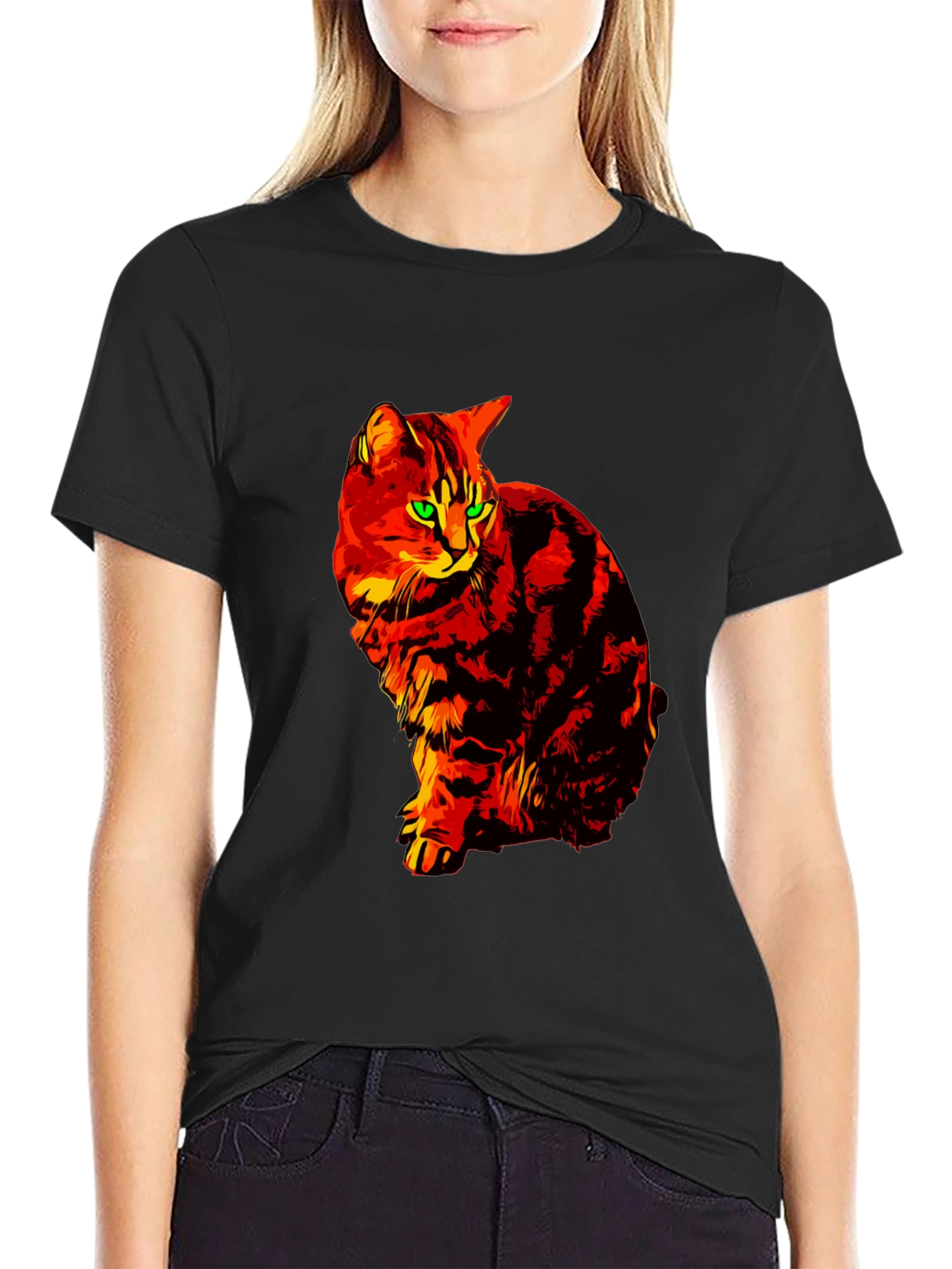 Fiery Cat Graphic Tee - Black Cotton T-Shirt