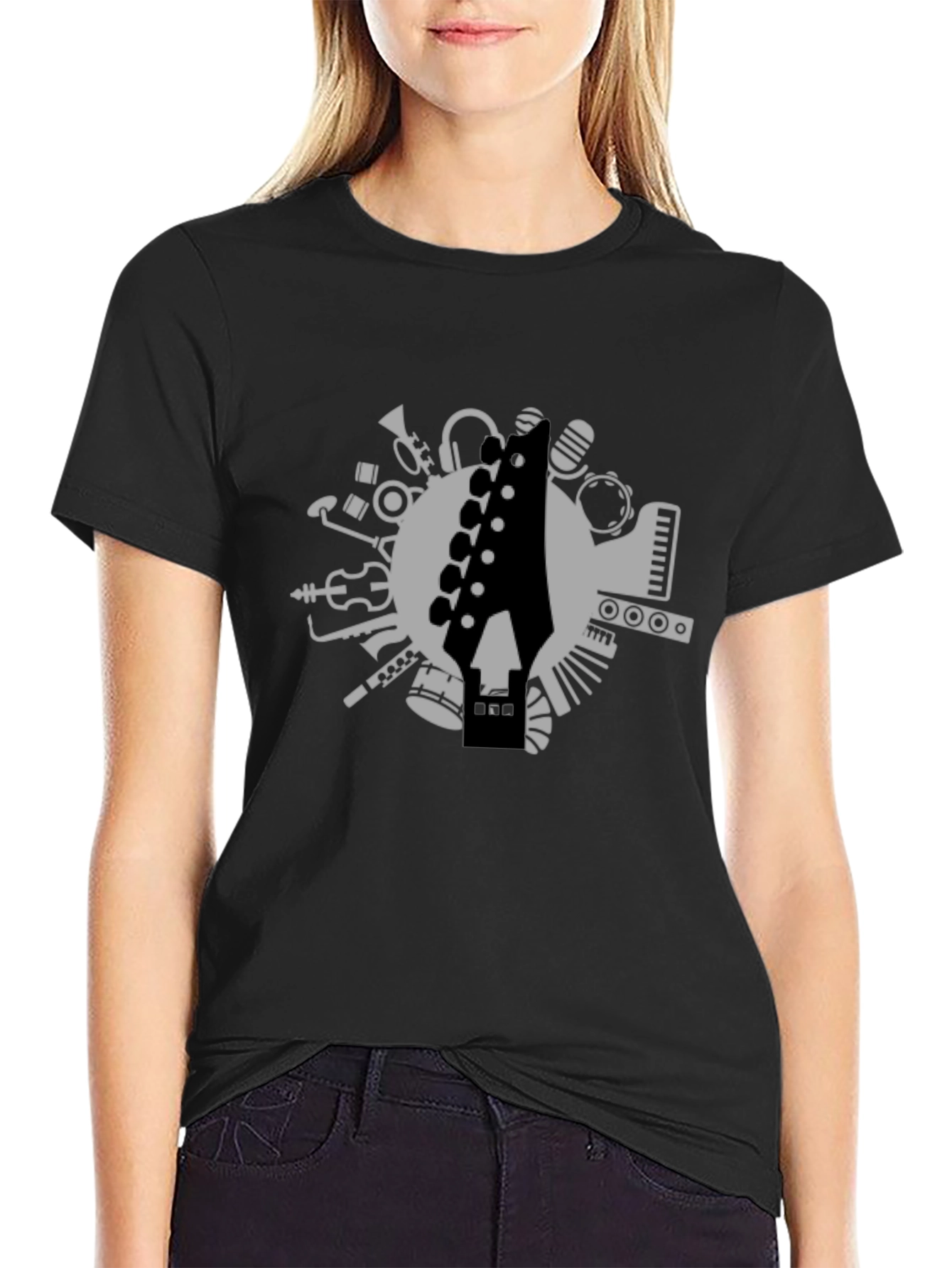 Musical Instrument Graphic Tee - Black Cotton T-Shirt