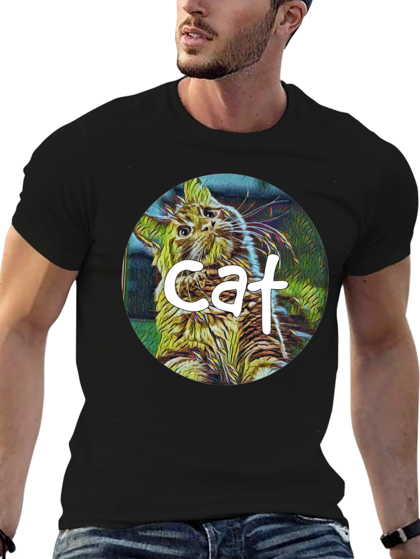 Cat Graphic Black T-Shirt - Artistic Design