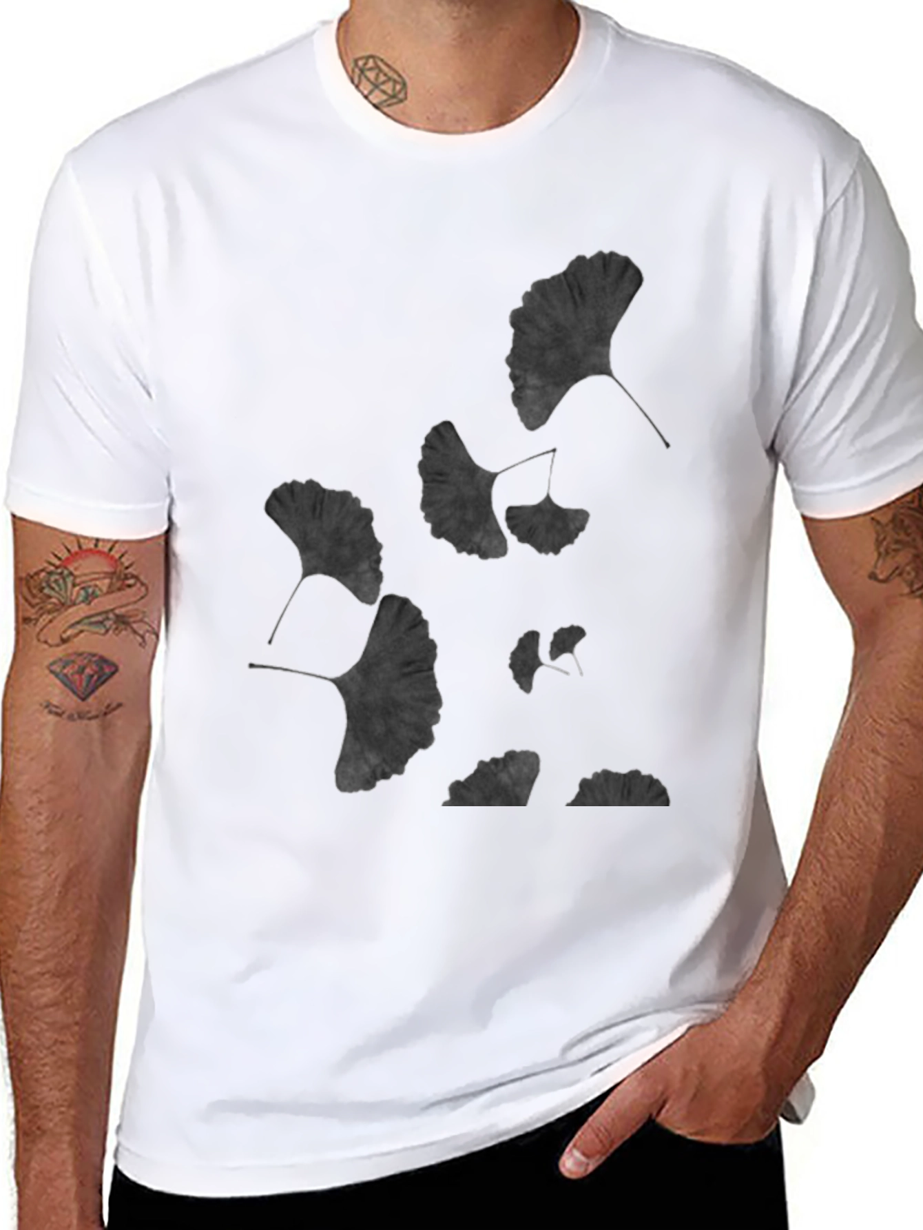 Ginkgo Leaf Print Black T-Shirt - Unisex