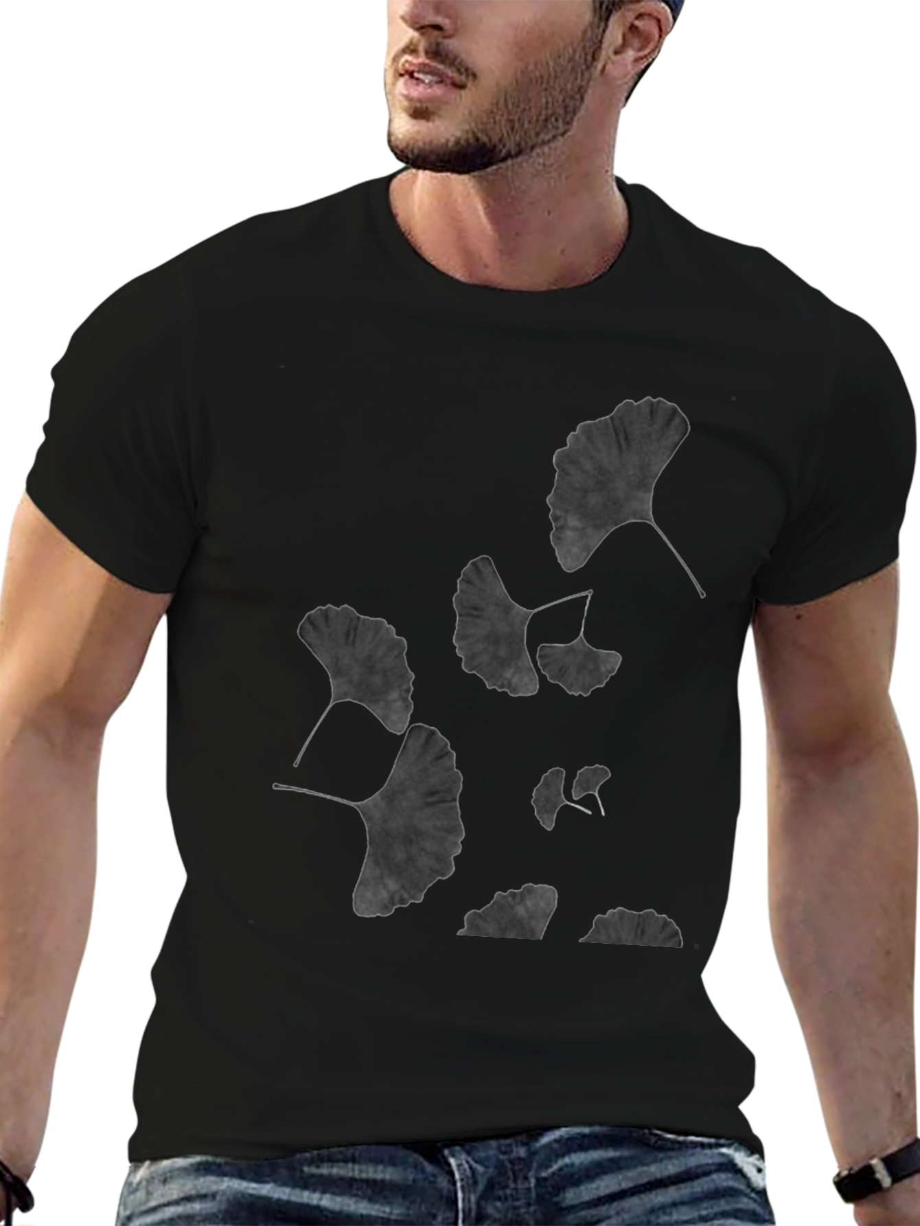 Ginkgo Leaf Print Black T-Shirt - Unisex