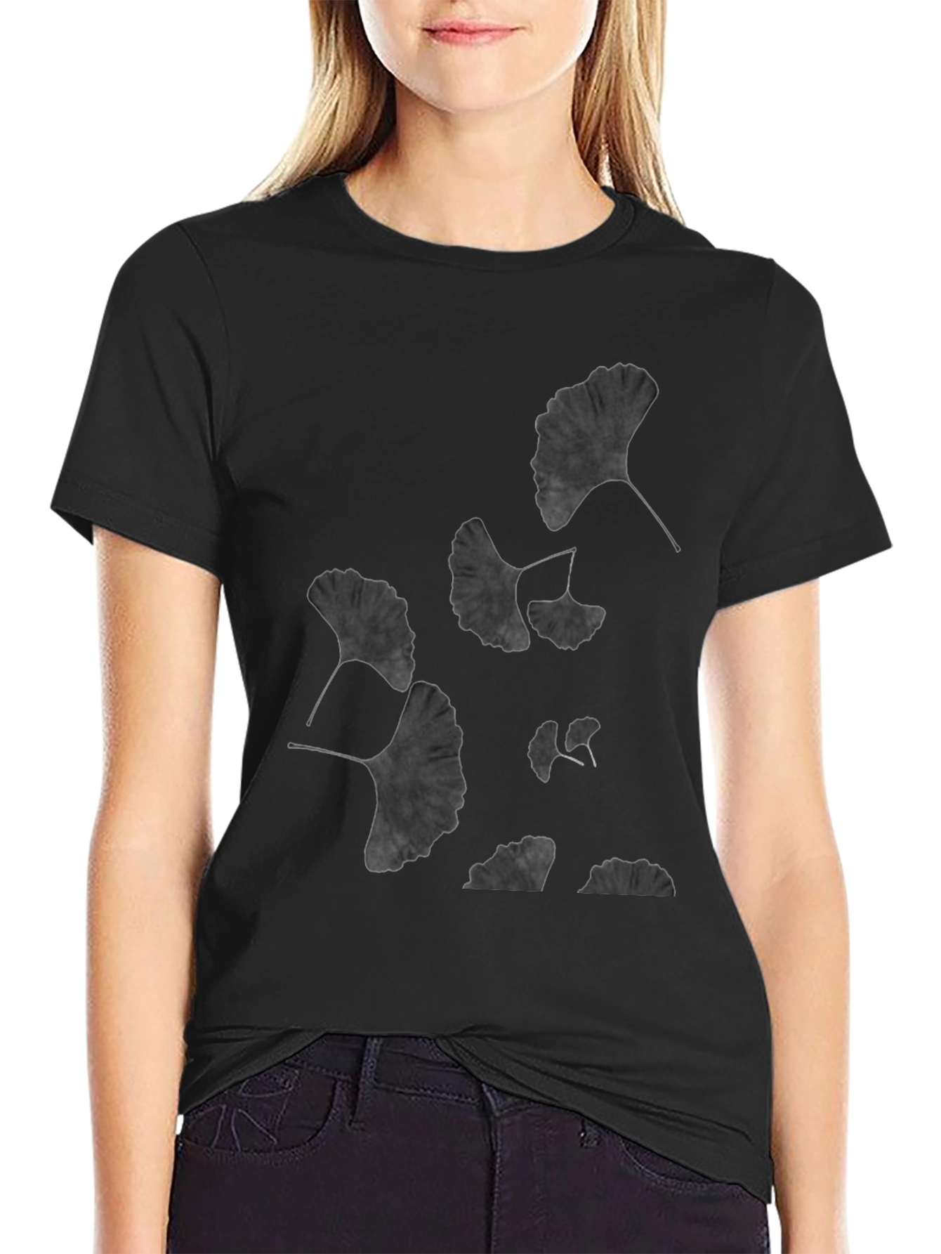 Ginkgo Leaf Print Black T-Shirt - Unisex
