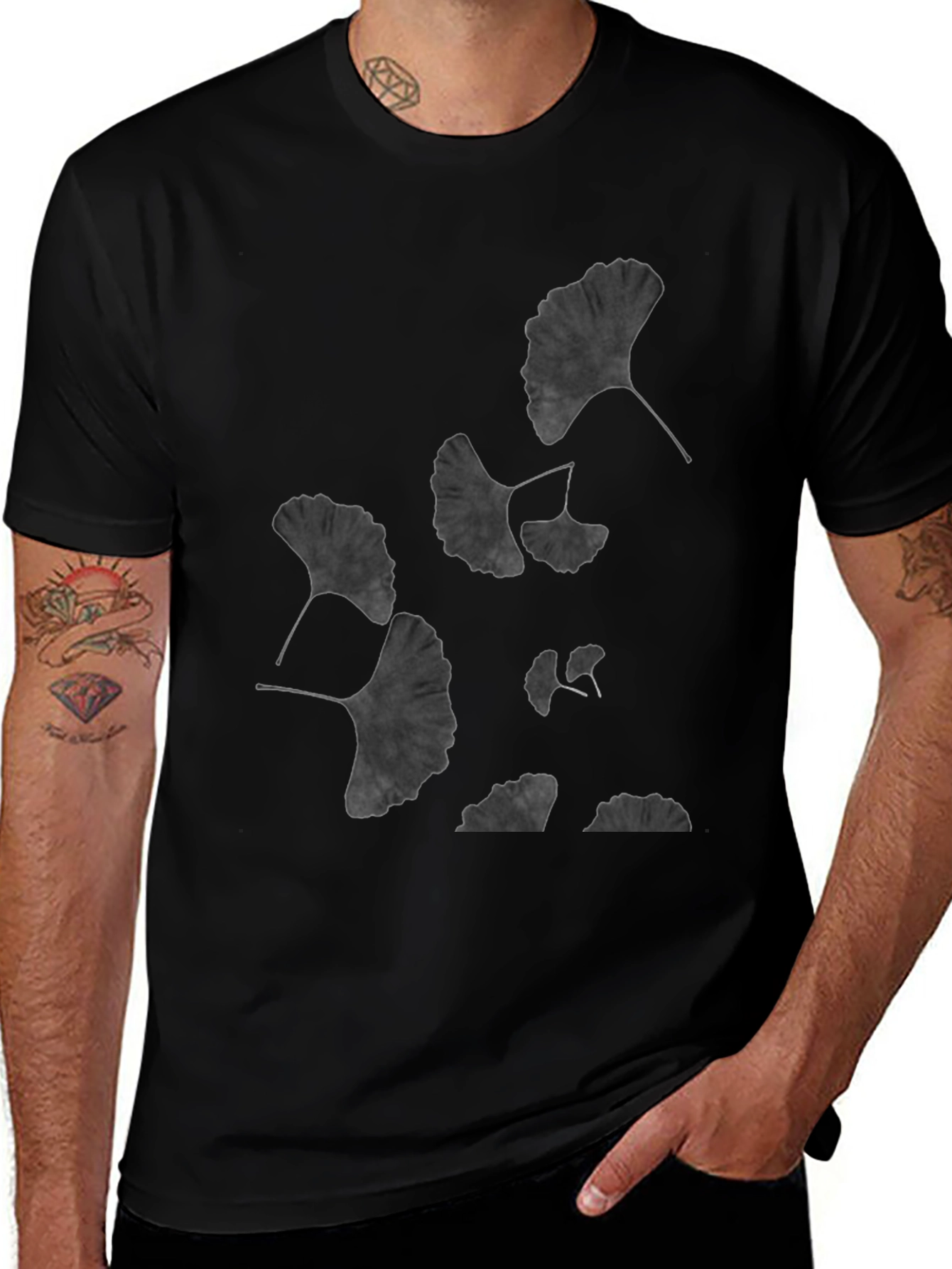 Ginkgo Leaf Print Black T-Shirt - Unisex