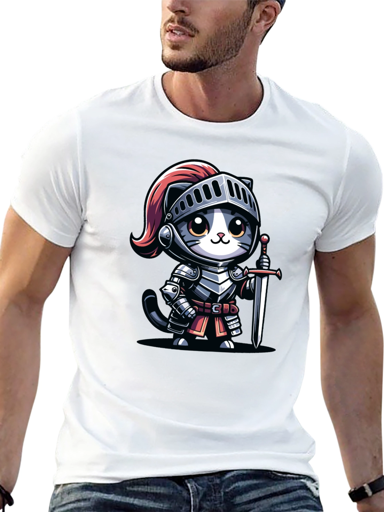 Knight Cat Graphic Tee - Black Cotton T-Shirt