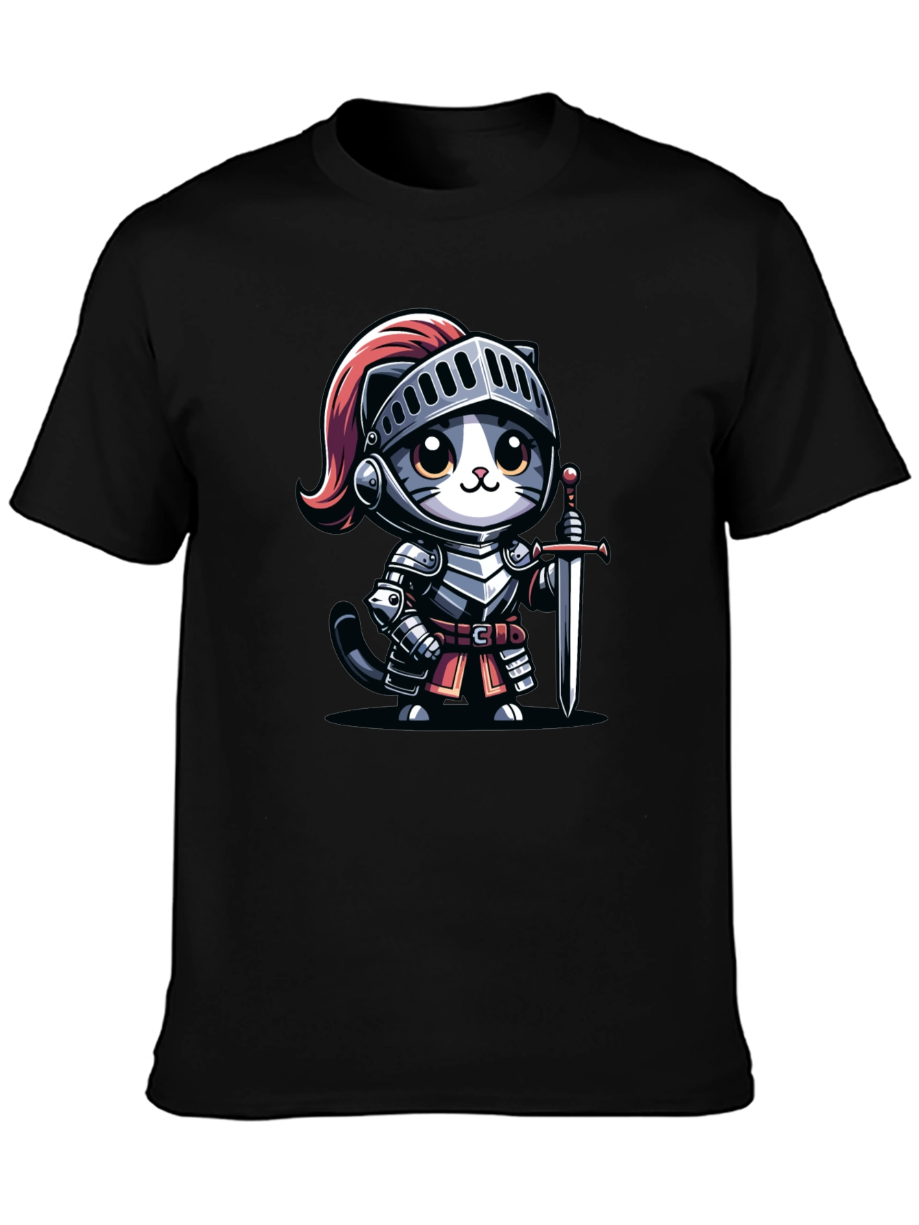 Knight Cat Graphic Tee - Black Cotton T-Shirt