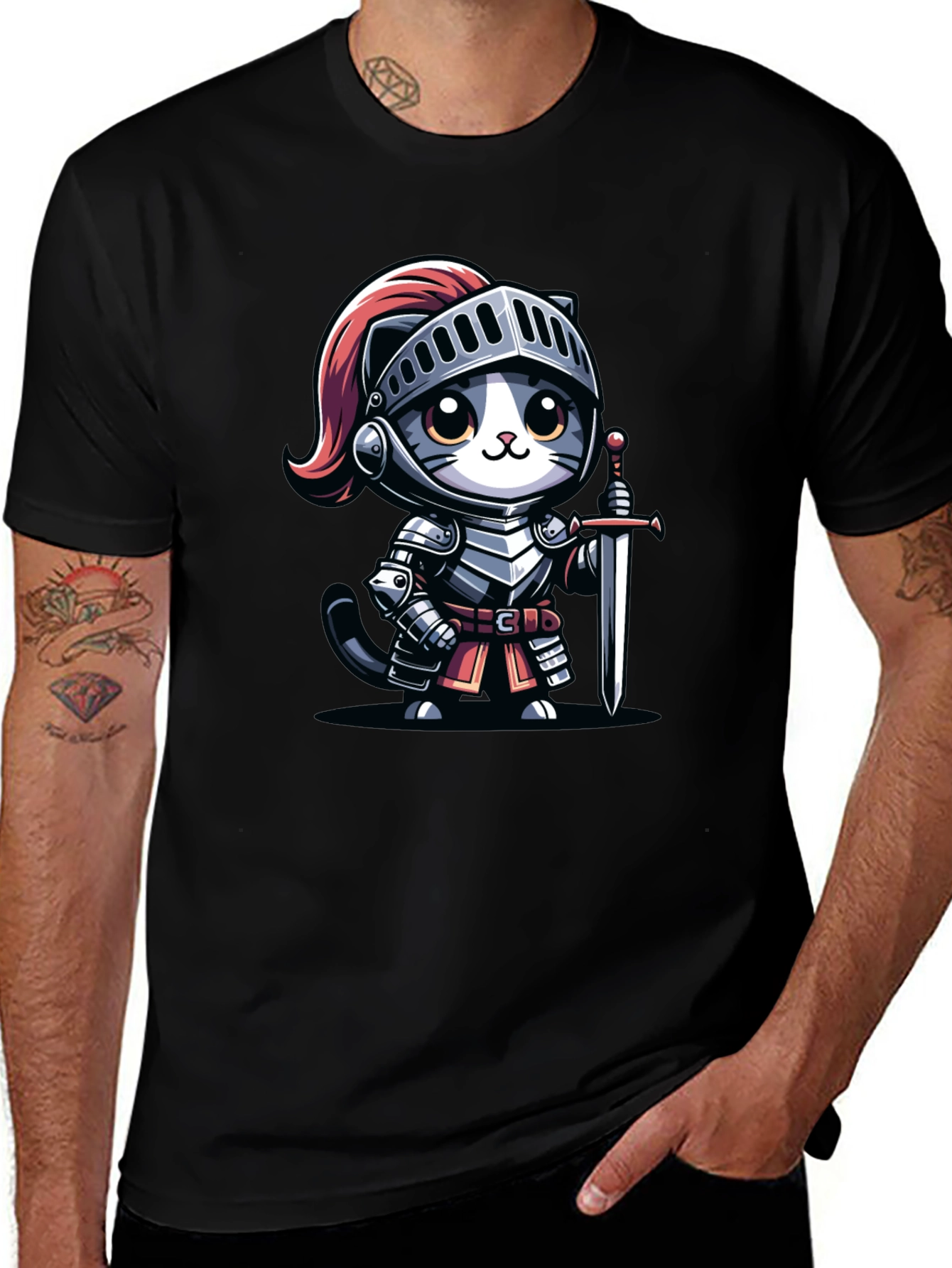 Knight Cat Graphic Tee - Black Cotton T-Shirt