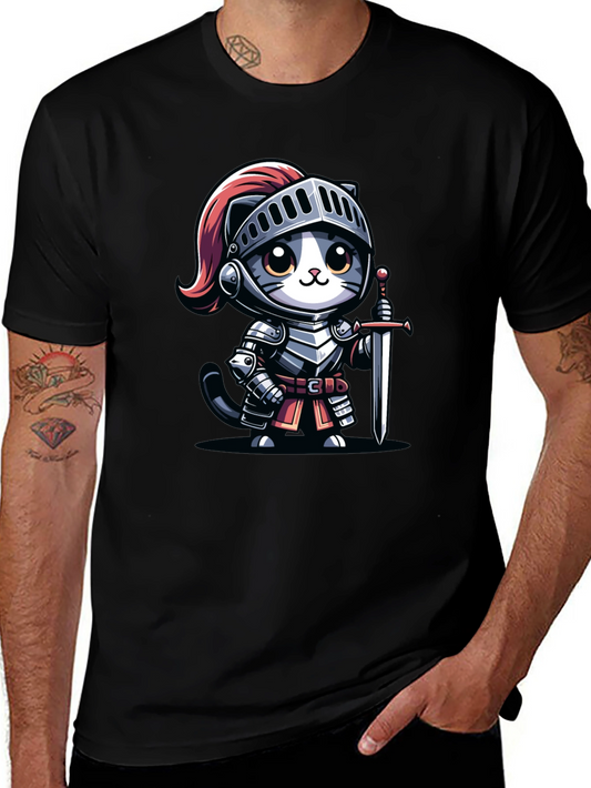 Knight Cat Graphic Tee - Black Cotton T-Shirt