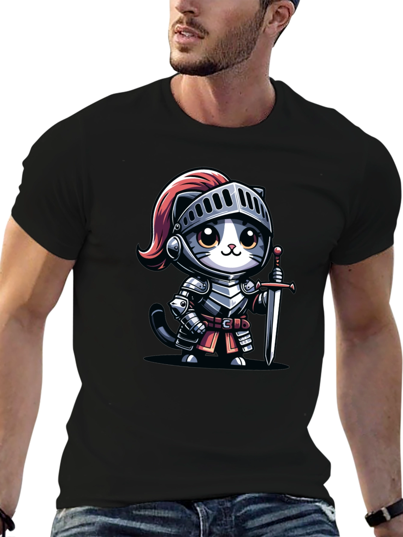 Knight Cat Graphic Tee - Black Cotton T-Shirt