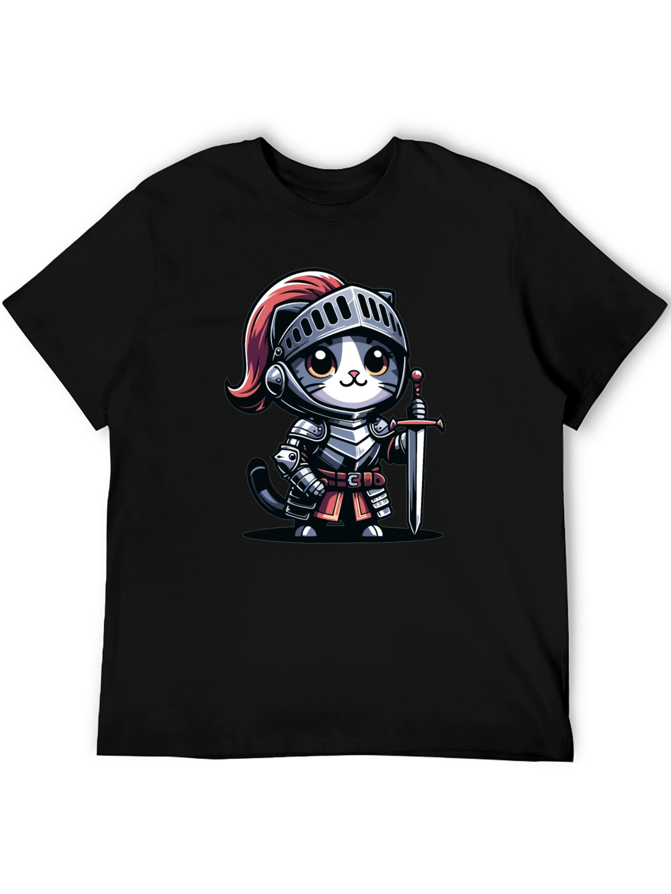 Knight Cat Graphic Tee - Black Cotton T-Shirt