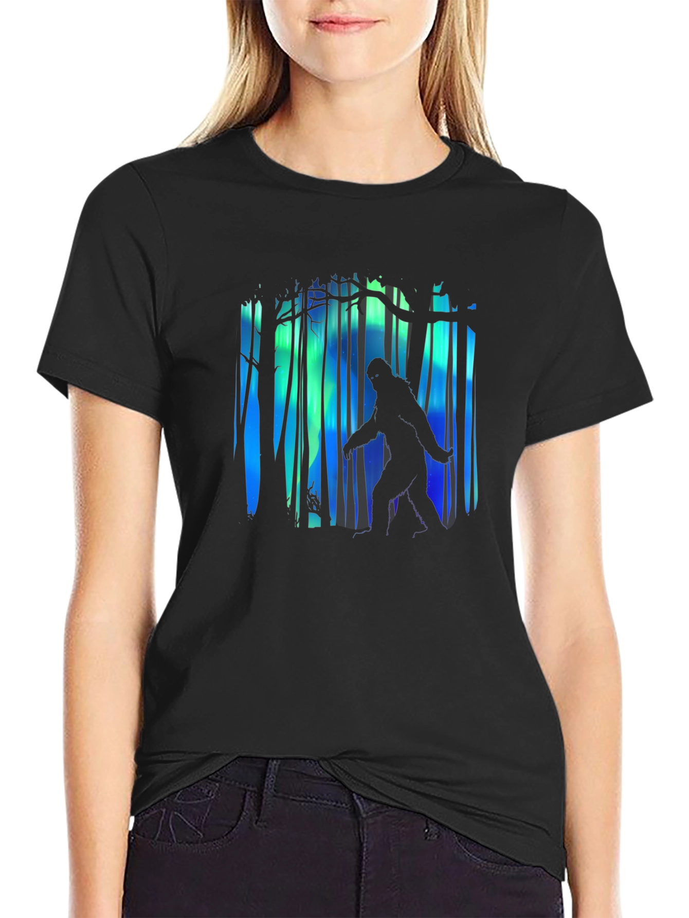 Bigfoot Aurora Borealis Mens Black T-Shirt