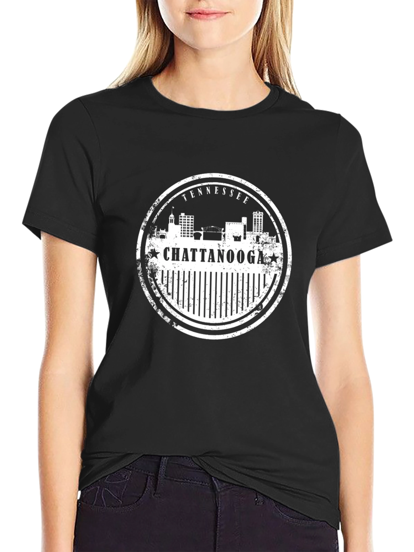 Chattanooga Tennessee Skyline Stamp Black T-Shirt