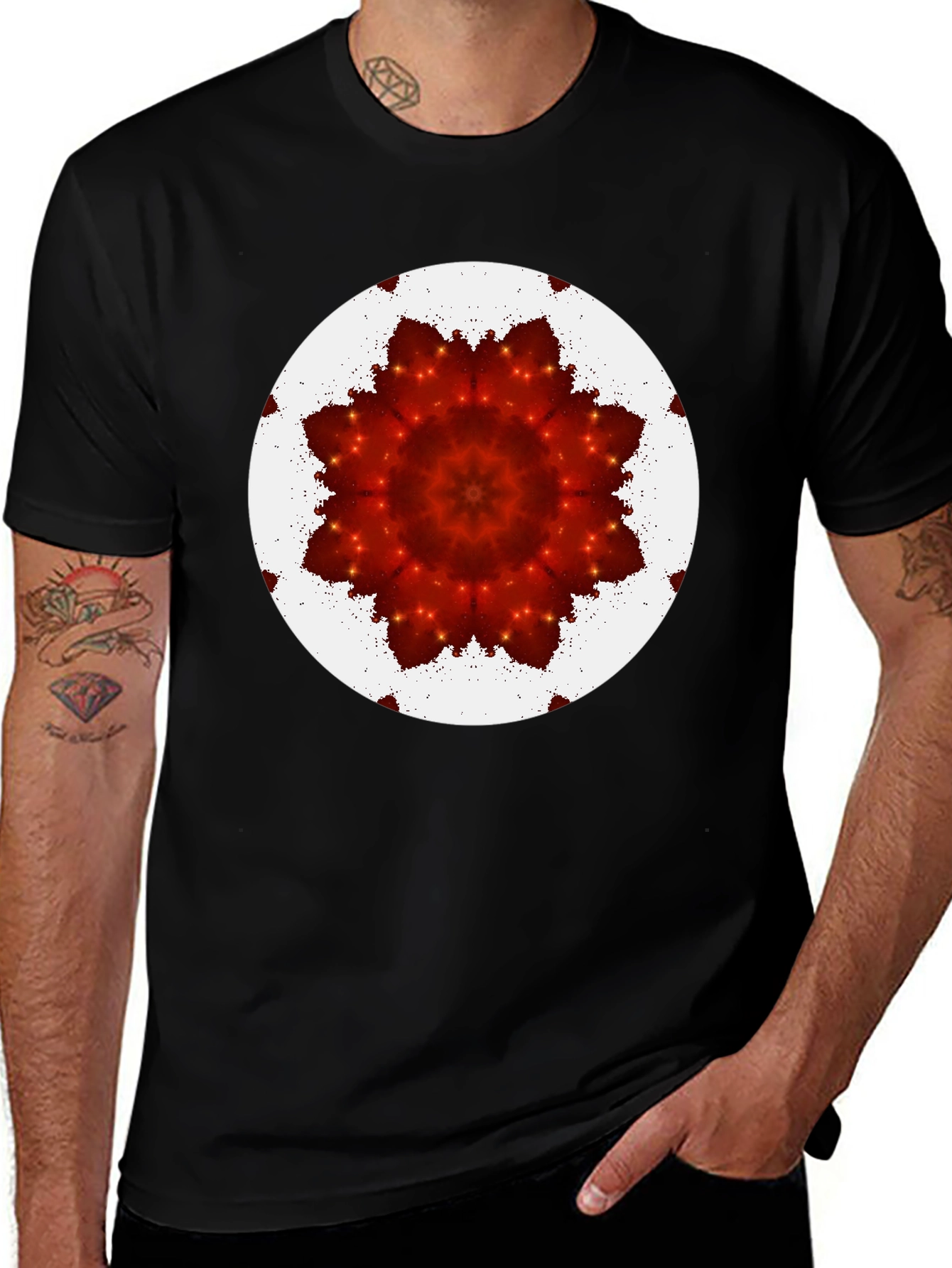 Red Floral Kaleidoscope Print Black T-Shirt