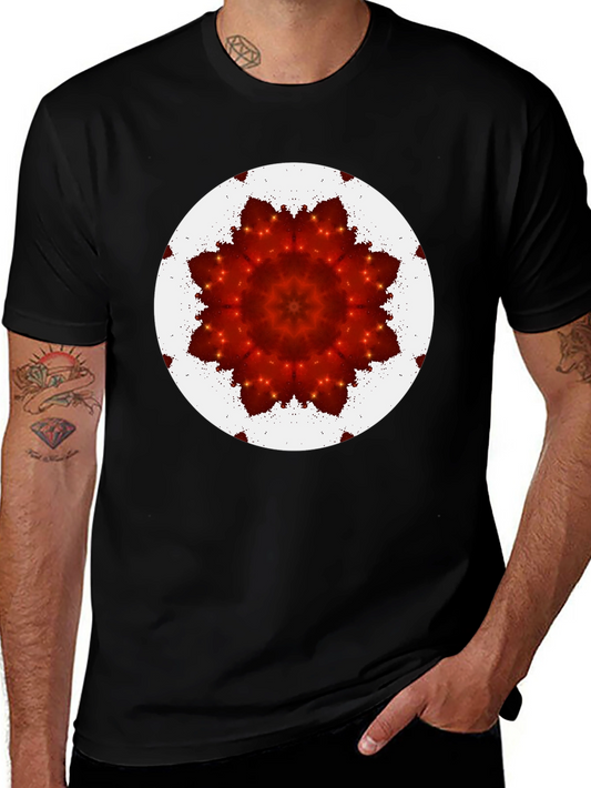 Red Floral Kaleidoscope Print Black T-Shirt