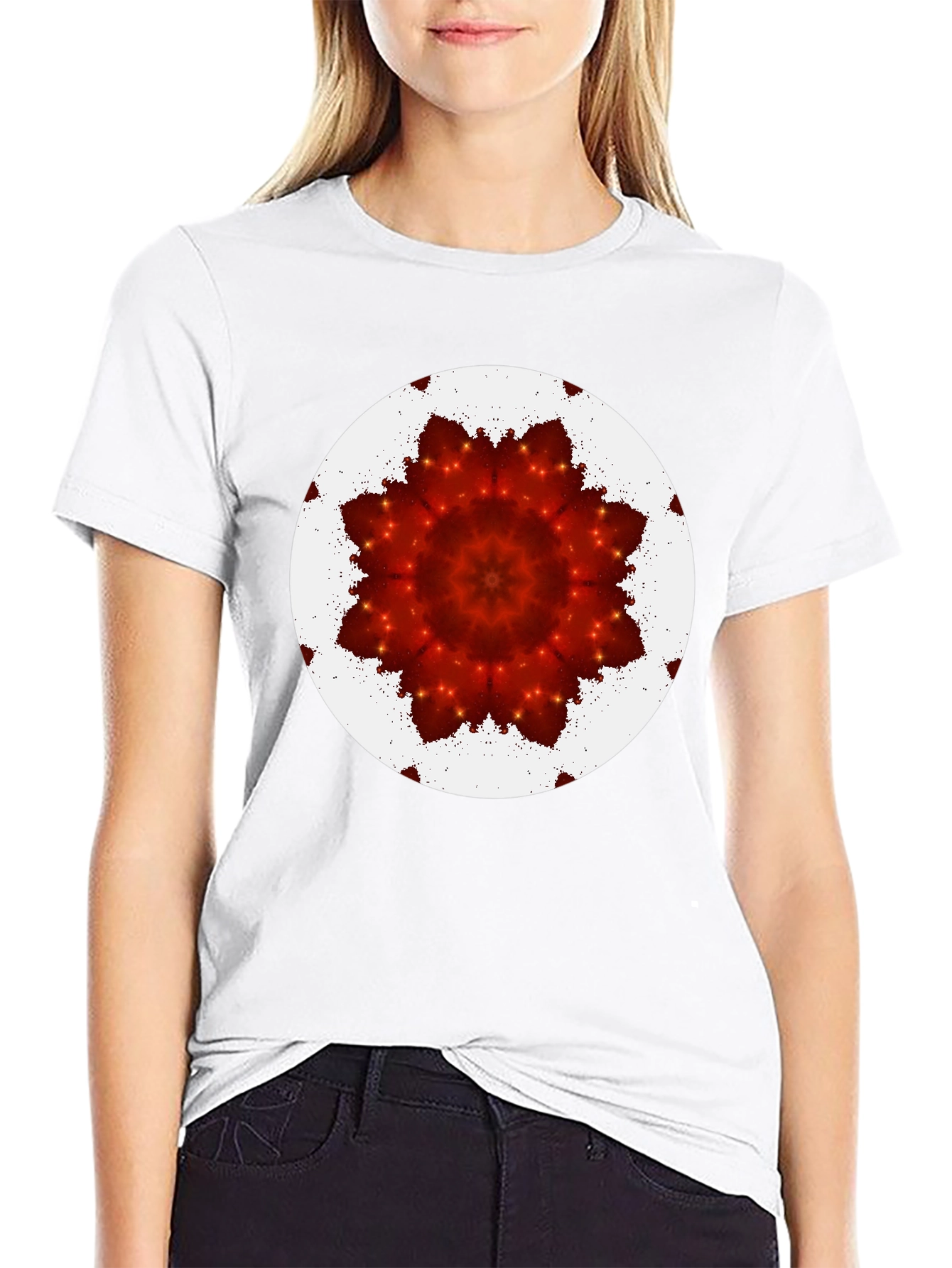 Red Floral Kaleidoscope Print Black T-Shirt