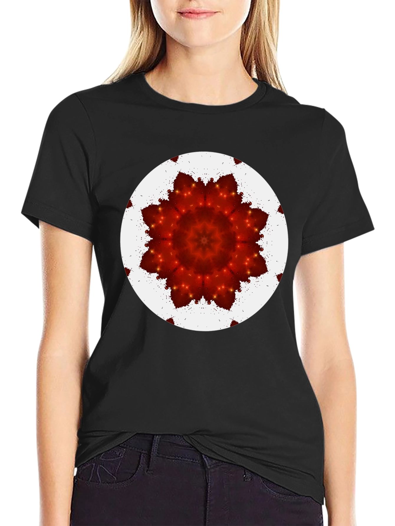 Red Floral Kaleidoscope Print Black T-Shirt